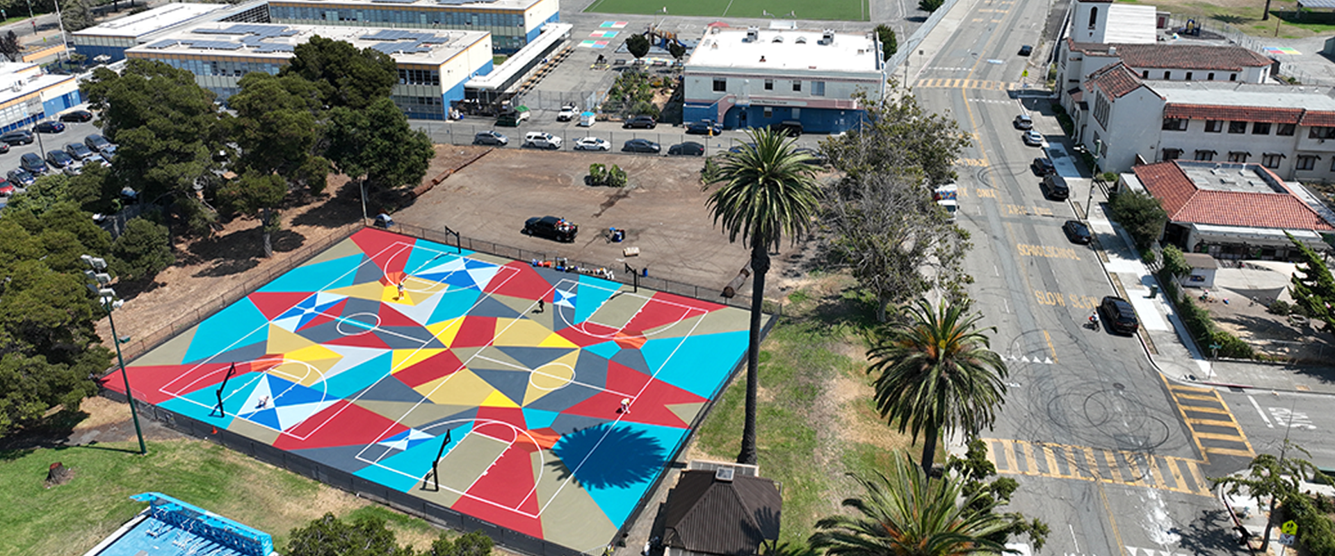 Aerial view of refubished basketball court at Lowell Park in Oakland