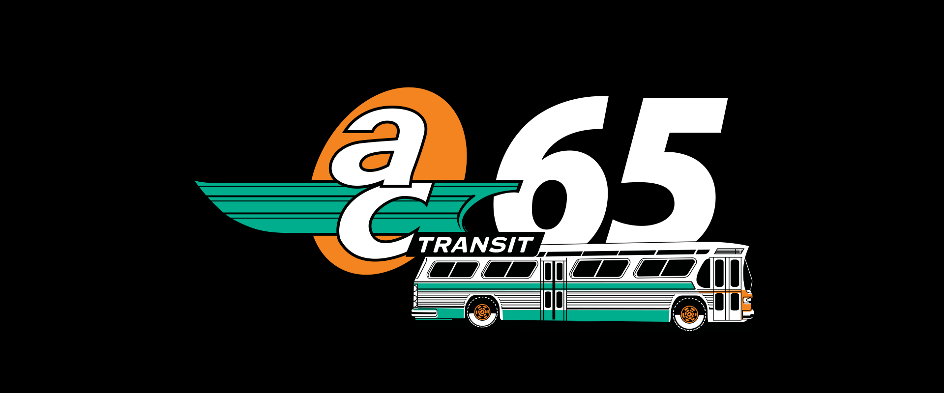 Logo with "ac TRANSIT" over a winged emblem, a large “65”, and a vintage green-and-white bus on a black background, celebrating AC Transit’s 65th anniversary.