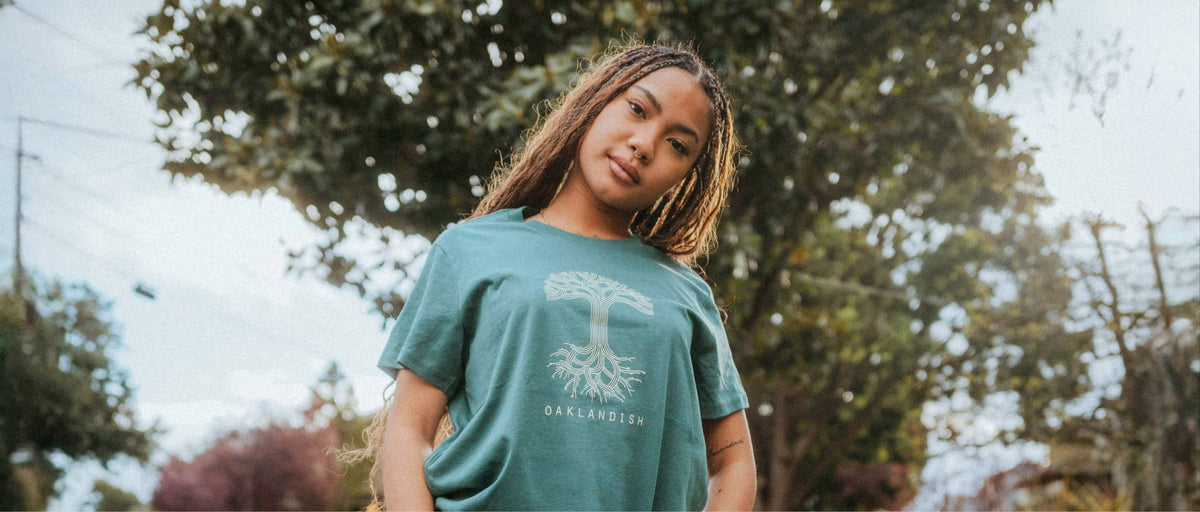 Female model wearing Bookman tee.