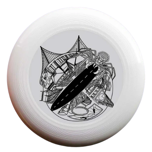 Introducing the Spiderworld Disc by Supported Brands, a white Ultimate Frisbee adorned with intricate black line art in the center. The design features abstract depictions of bridges, roads, spider webs, and a person climbing a structure. Ideal for youth development, the Oakland Spiders logo subtly complements the predominantly white background.
