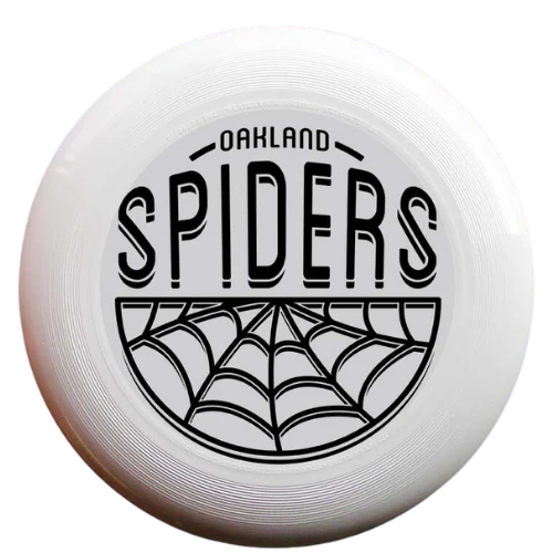 A white Community Web Disc from Supported Brands, featuring the words "Oakland Spiders" in bold, black uppercase letters on the front. Below the text is a graphic of a spider web. The design, which represents a professional Ultimate Frisbee team, is centrally aligned on the disc.