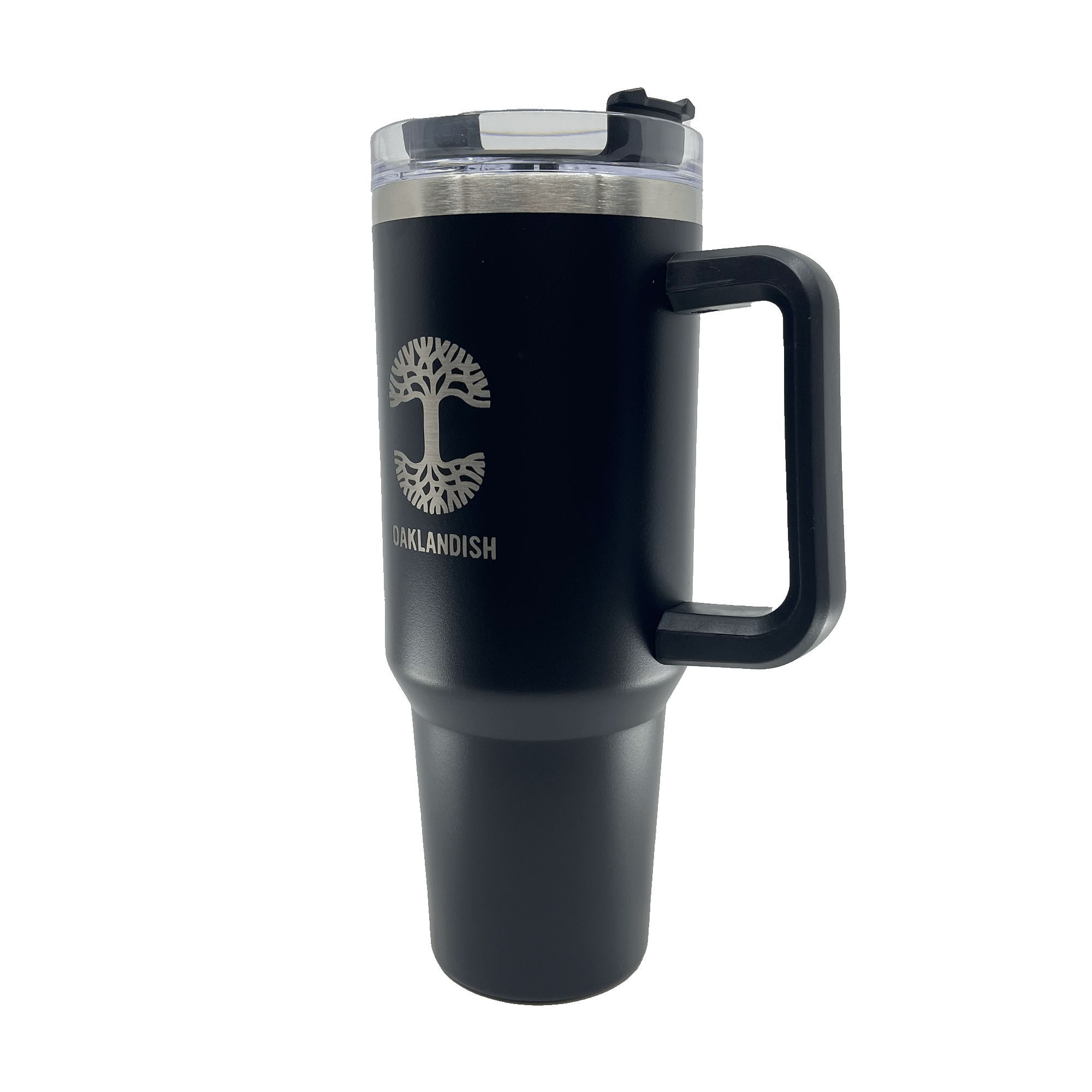 Side view of a black double walled 40-oz stainless steel travel drink tumbler with silver Oaklandish log and wordmark and airtight lid.