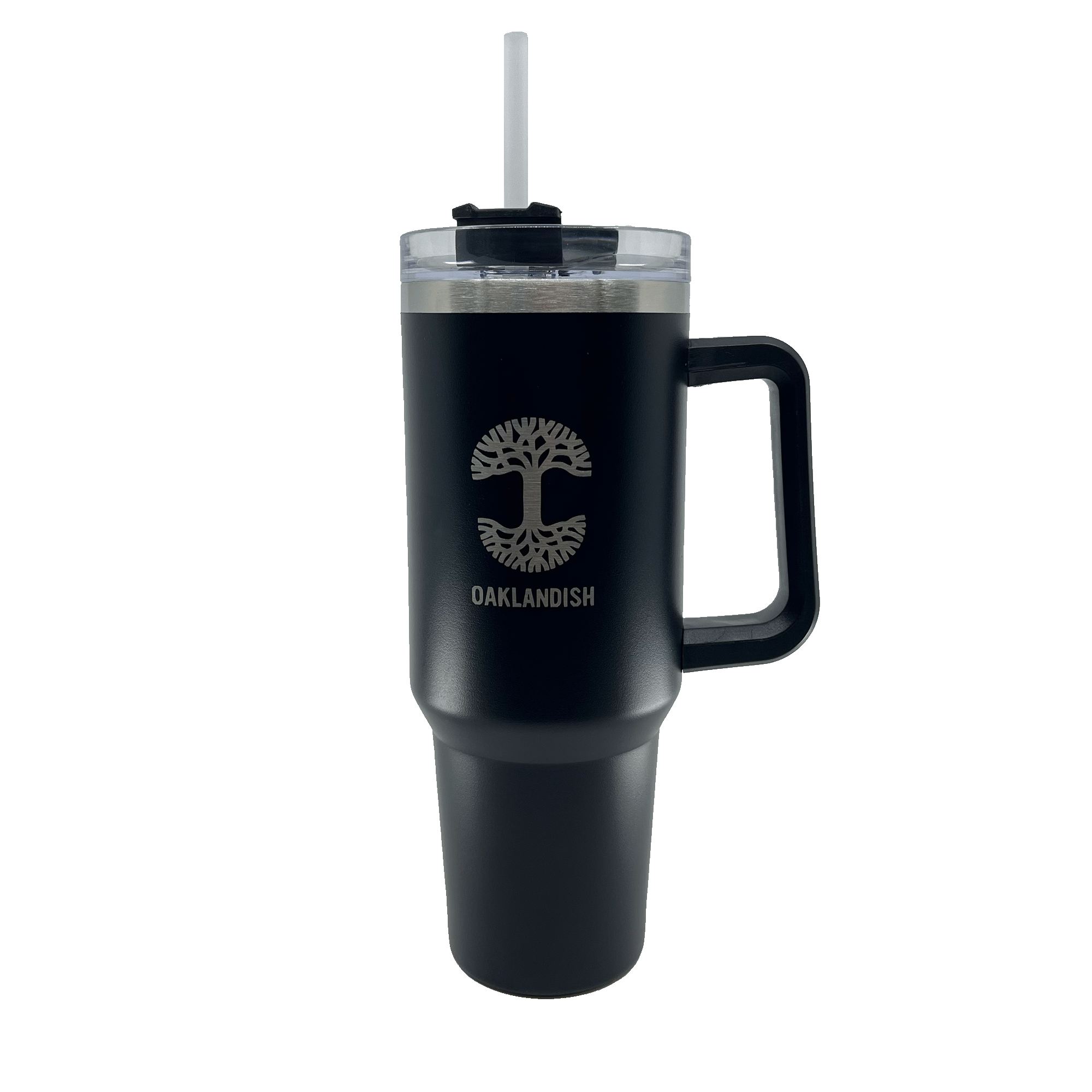 Front view of a black double walled 40-oz stainless steel travel drink tumbler with silver Oaklandish log and wordmark, airtight lid and reusable straw.