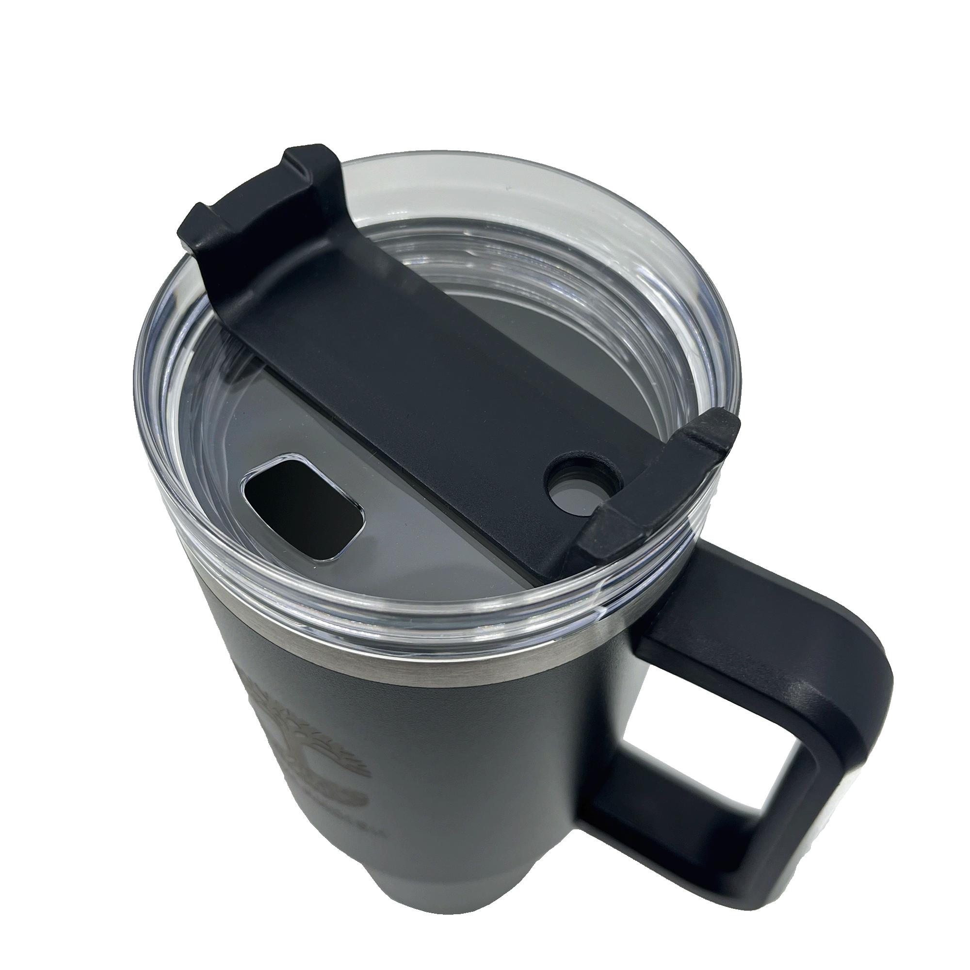 View from above of airtight lid on a black double walled 40-oz stainless steel travel drink tumbler. 