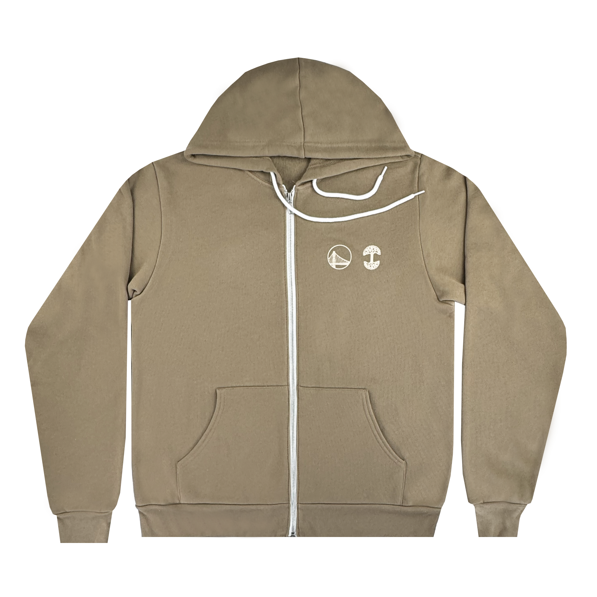 The 70’s Trading Card Zip Hoodie by GSW features a tan zip-up design with a front pocket, white zipper, peace sign and anchor on the left chest, plus white drawstrings for a Golden State Warriors-inspired look.