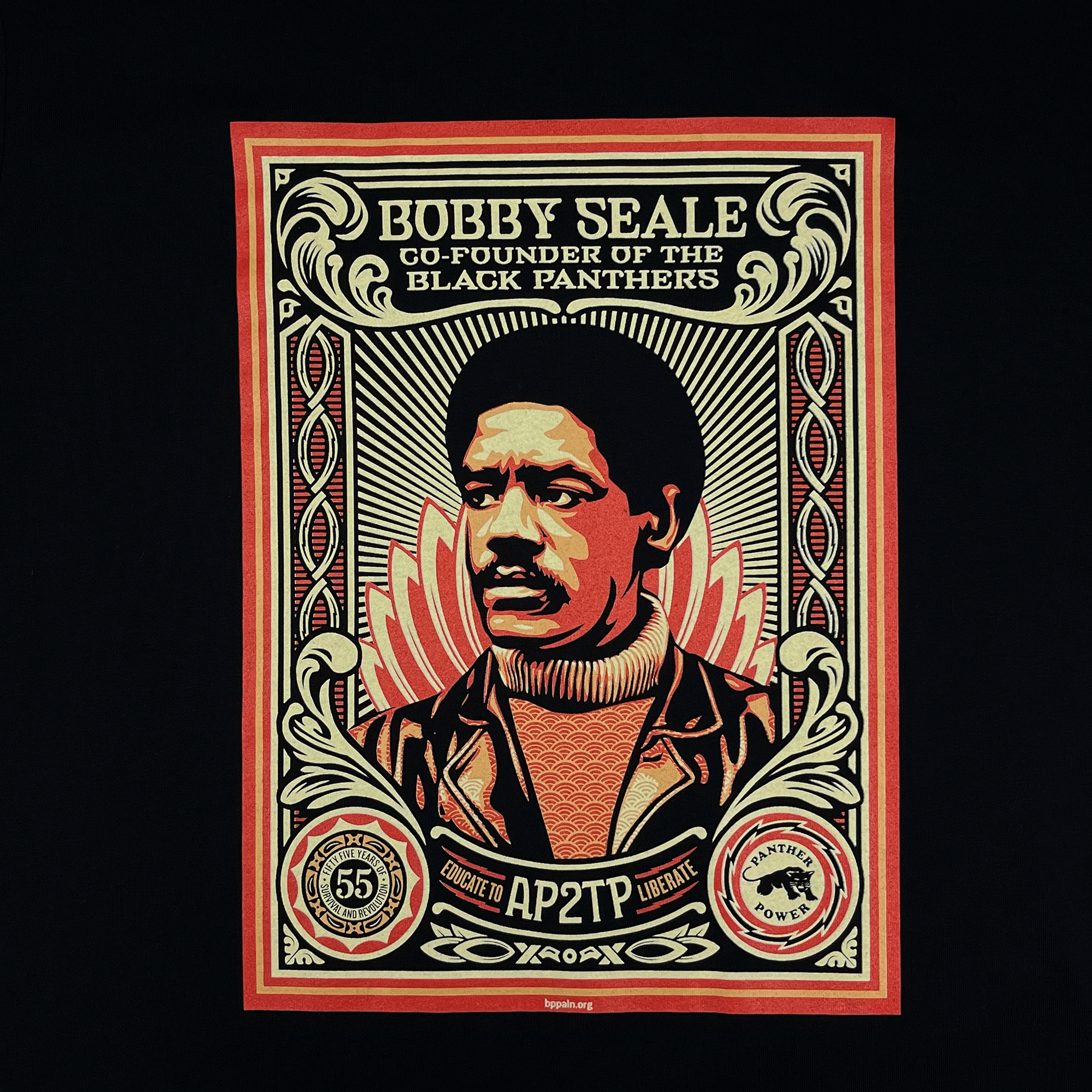 Close-up of the large illustrated graphic by Shepard Fairey, founder of the Black Panthers, on women’s black limited edition t-shirt.