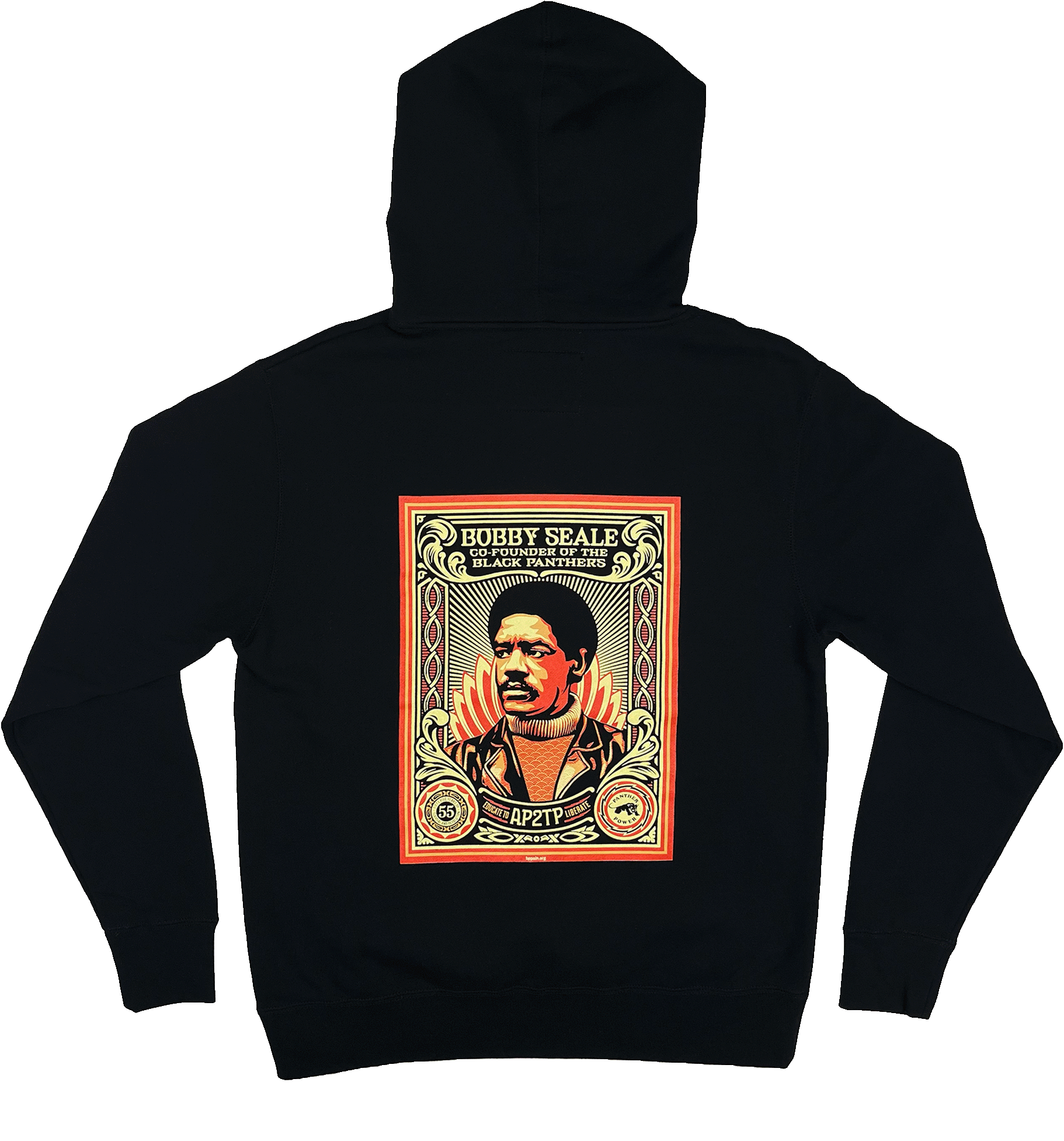 Backside view of black limited edition hoodie with large illustrated multi-colored graphic by Shepard Fairey, founder of Black Panthers.