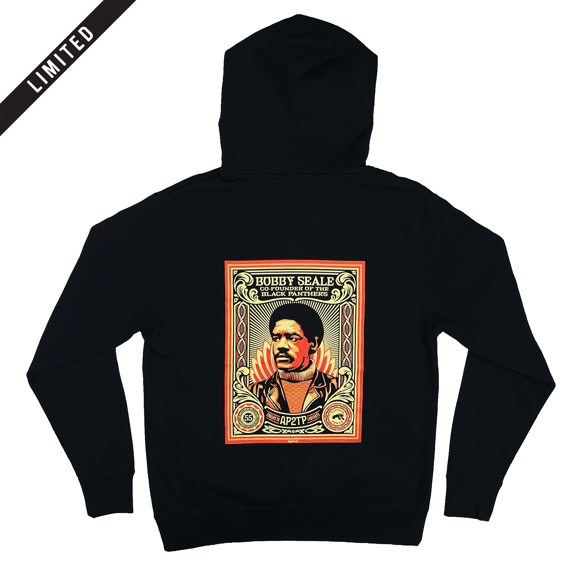 Backside view of black hoodie with large illustrated graphic by Shepard Fairey, founder of Black Panthers with LIMITED banner..
