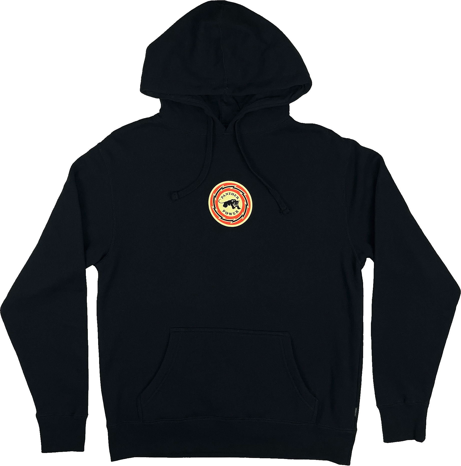 Front side view of black limited edition collectors hoodie with Panther Power small Panther Power circle graphic on the chest.