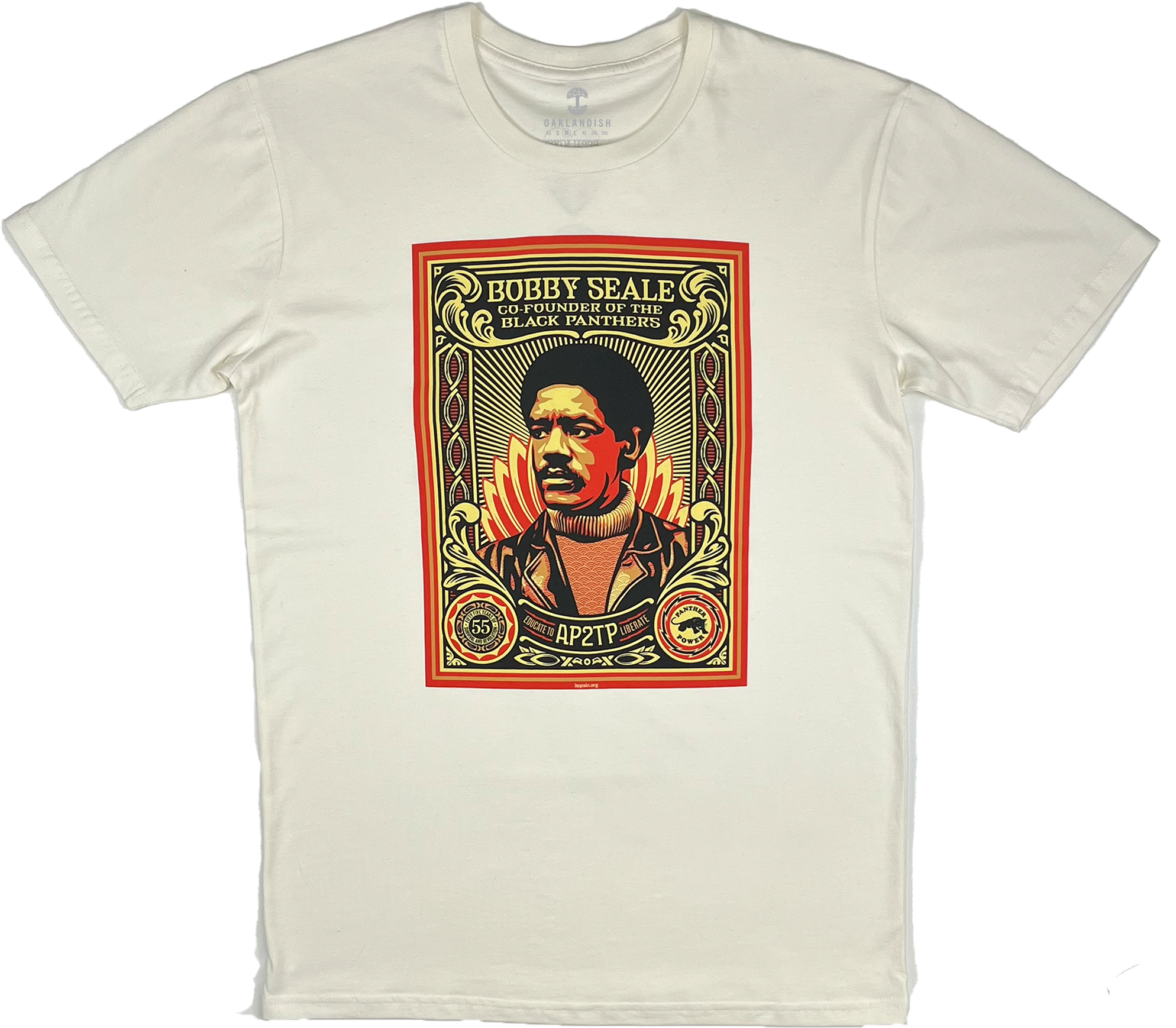 Front view of natural cotton colored t-shirt with large illustrated multi-colored graphic by Shepard Fairey, founder of Black Panthers.