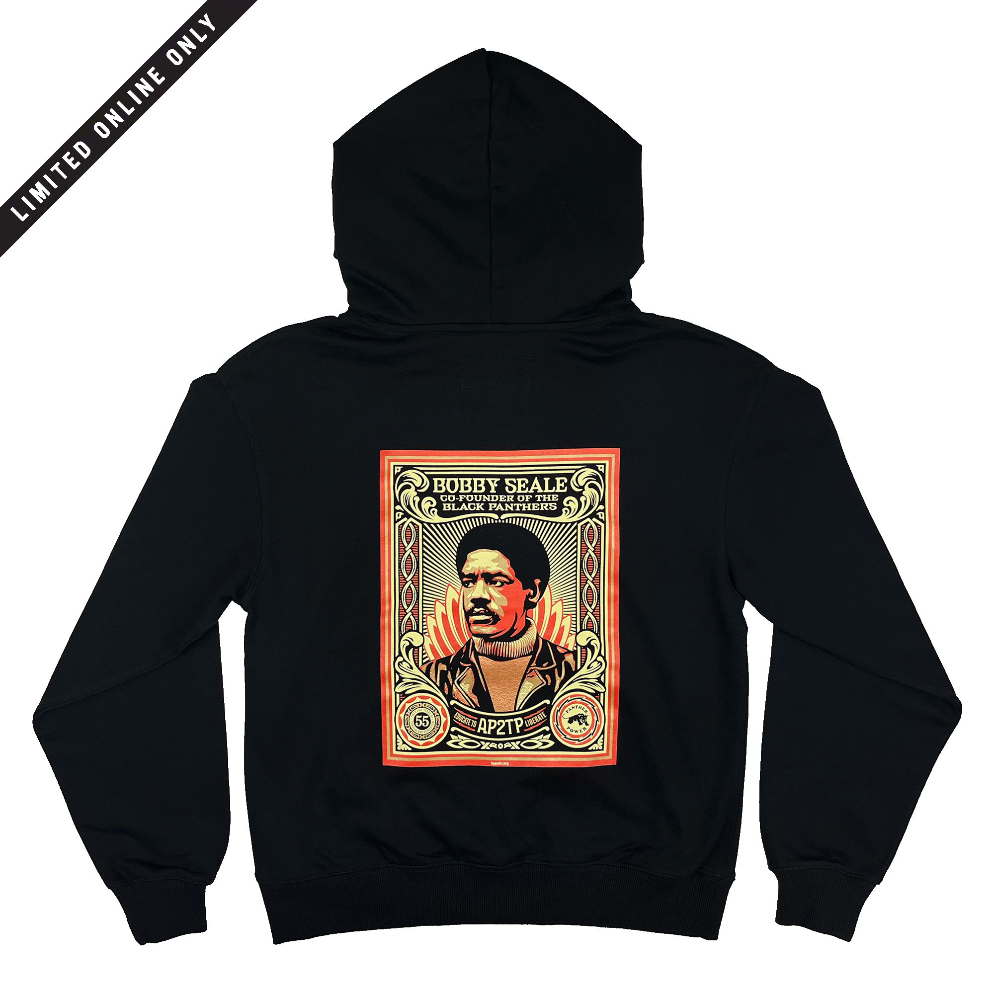 Backside view of black limited edition collectors hoodie featuring an illustration by Shepard Fairey, founder of Black Panthers.