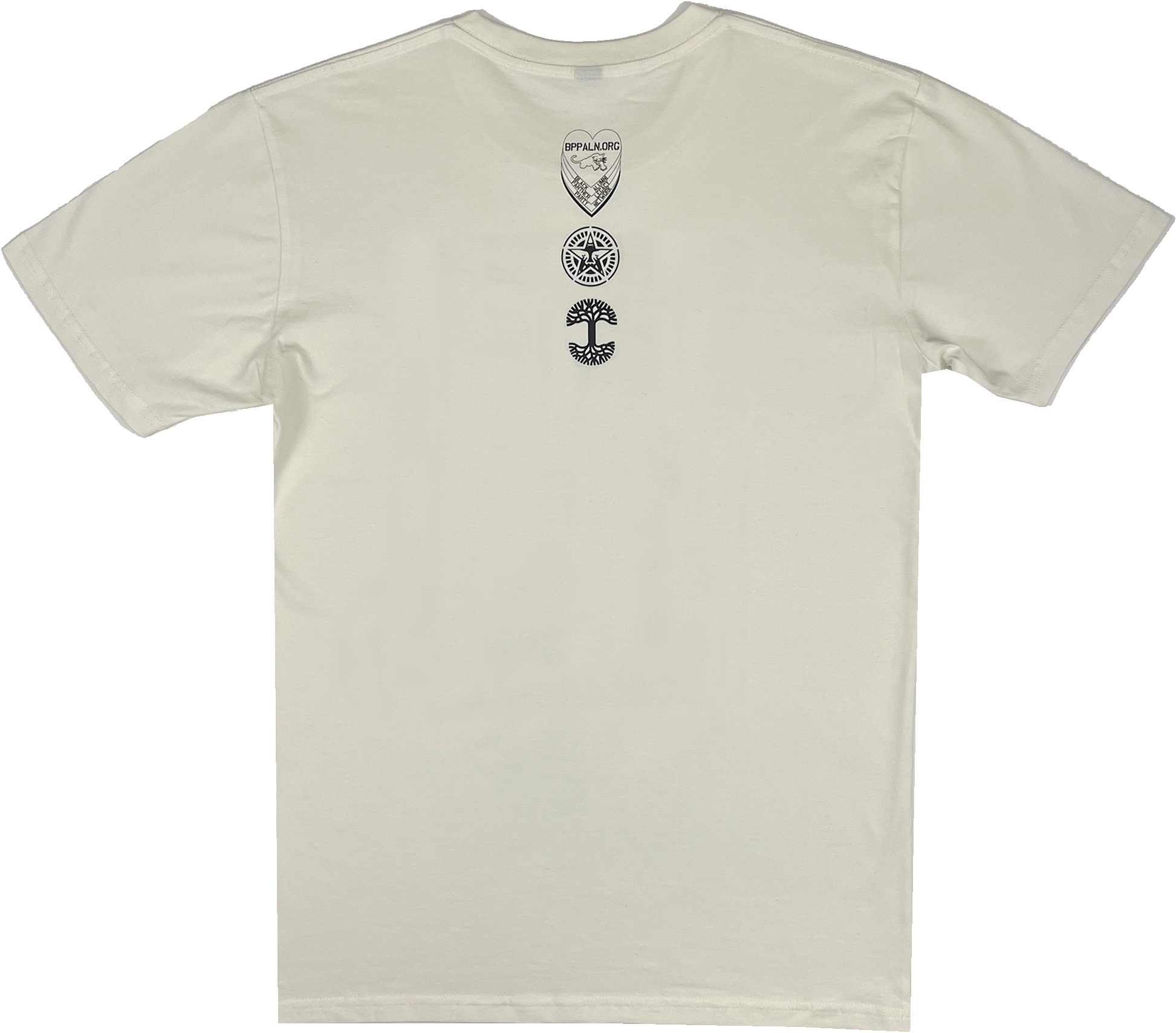 Backside view of a natural cotton-colored limited edition t-shirt with three logo marks - Oaklandish, Panther Power & BPLAN.