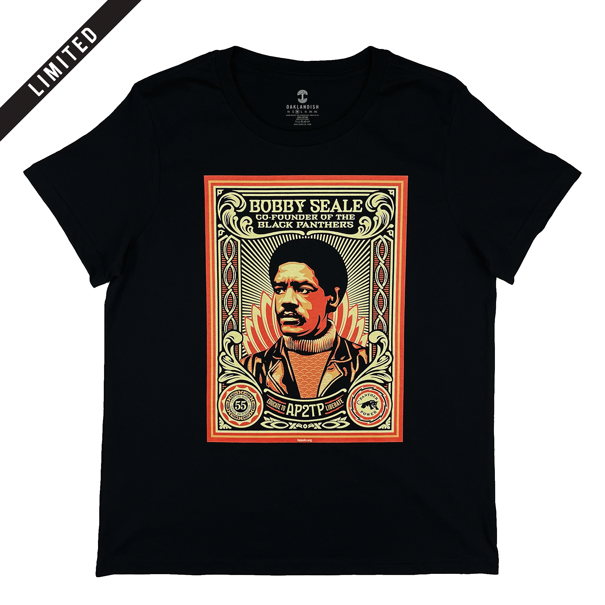 Front view of a women’s black t-shirt with a large illustrated graphic by Shepard Fairey, founder of the Black Panthers.