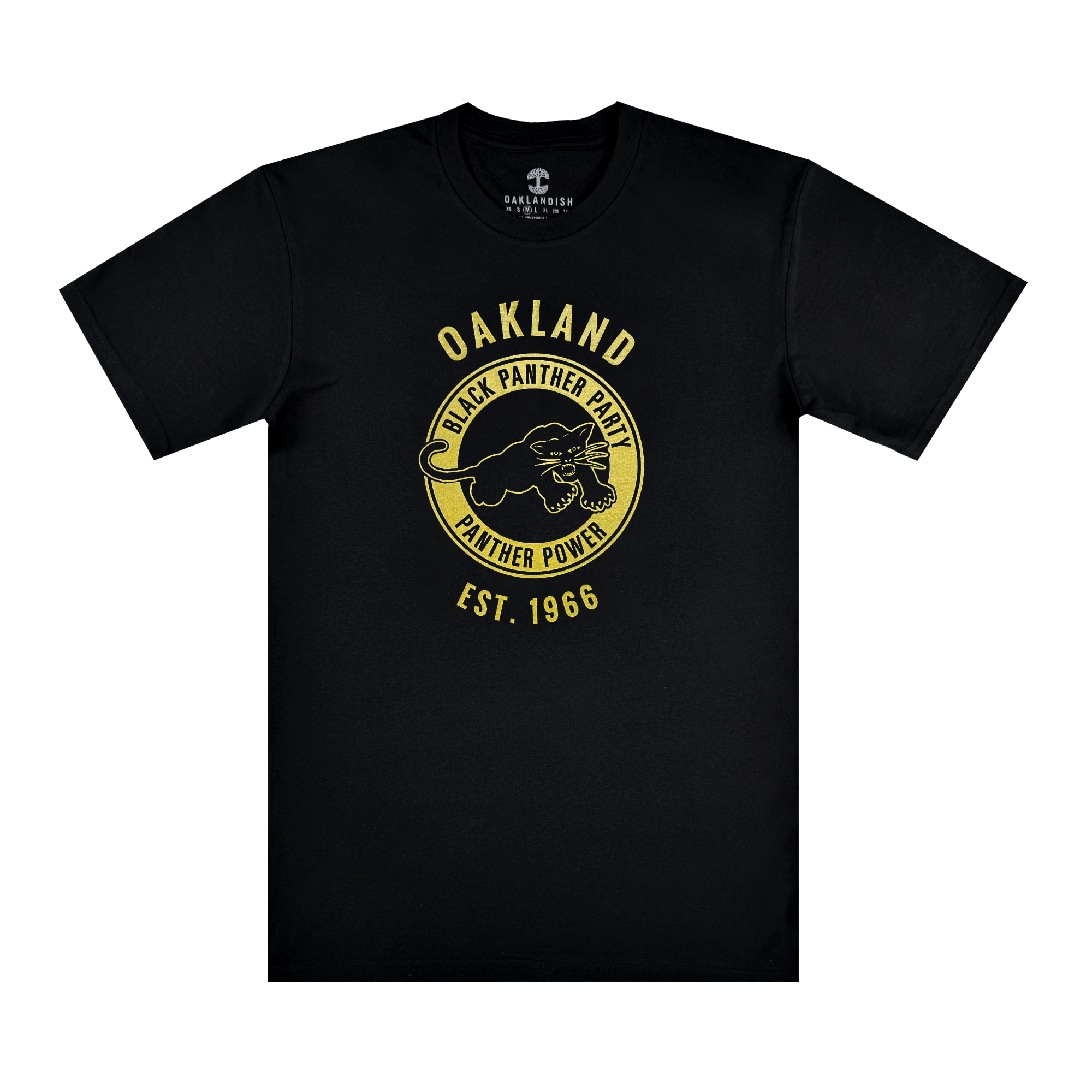 The Oaklandish Black Panther Power Tee is a black T-shirt with a yellow panther graphic and the words “OAKLAND,” “BLACK PANTHER PARTY,” “PANTHER POWER,” and “EST. 1966”—honoring social consciousness and the Party’s legacy.