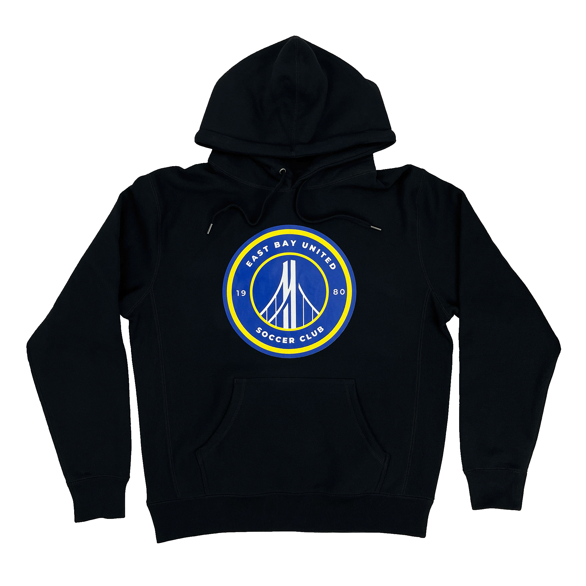 Front view of black hoodie sweatshirt with round blue, white, and yellow East Bay United Soccer Club 1980 logo on the front chest.