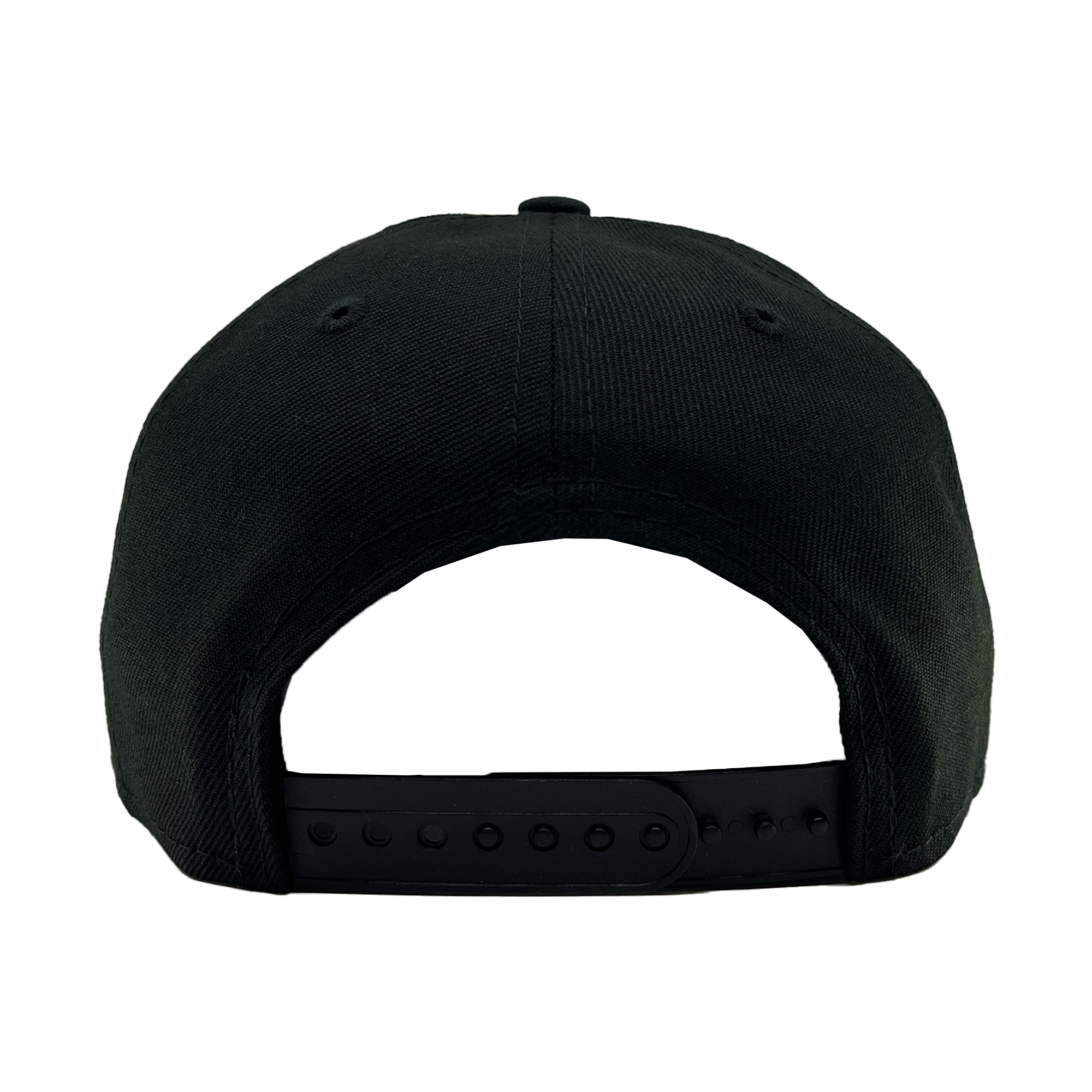The image shows the back of a GSV 9FORTY AF black baseball cap by GSV with an adjustable snapback closure. This plain cap has no visible logos or designs, set against a solid light gray background.