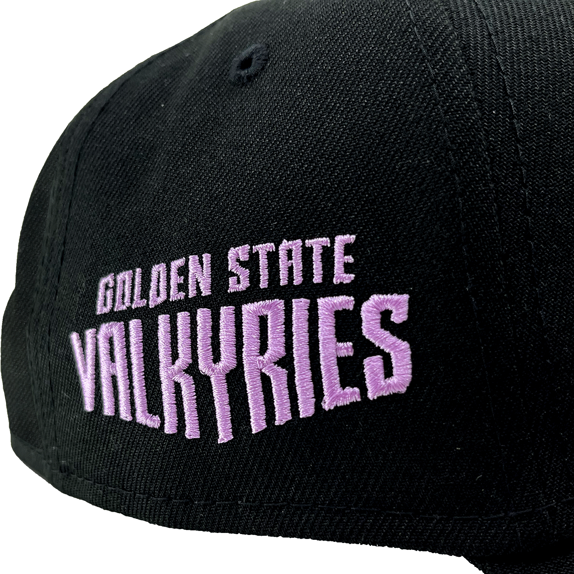 Close-up of the GSV 9FORTY AF by GSV, a black adjustable cap with bold light purple "GOLDEN STATE VALKYRIES" embroidery on the side, featuring clear stitching against a plain white background.