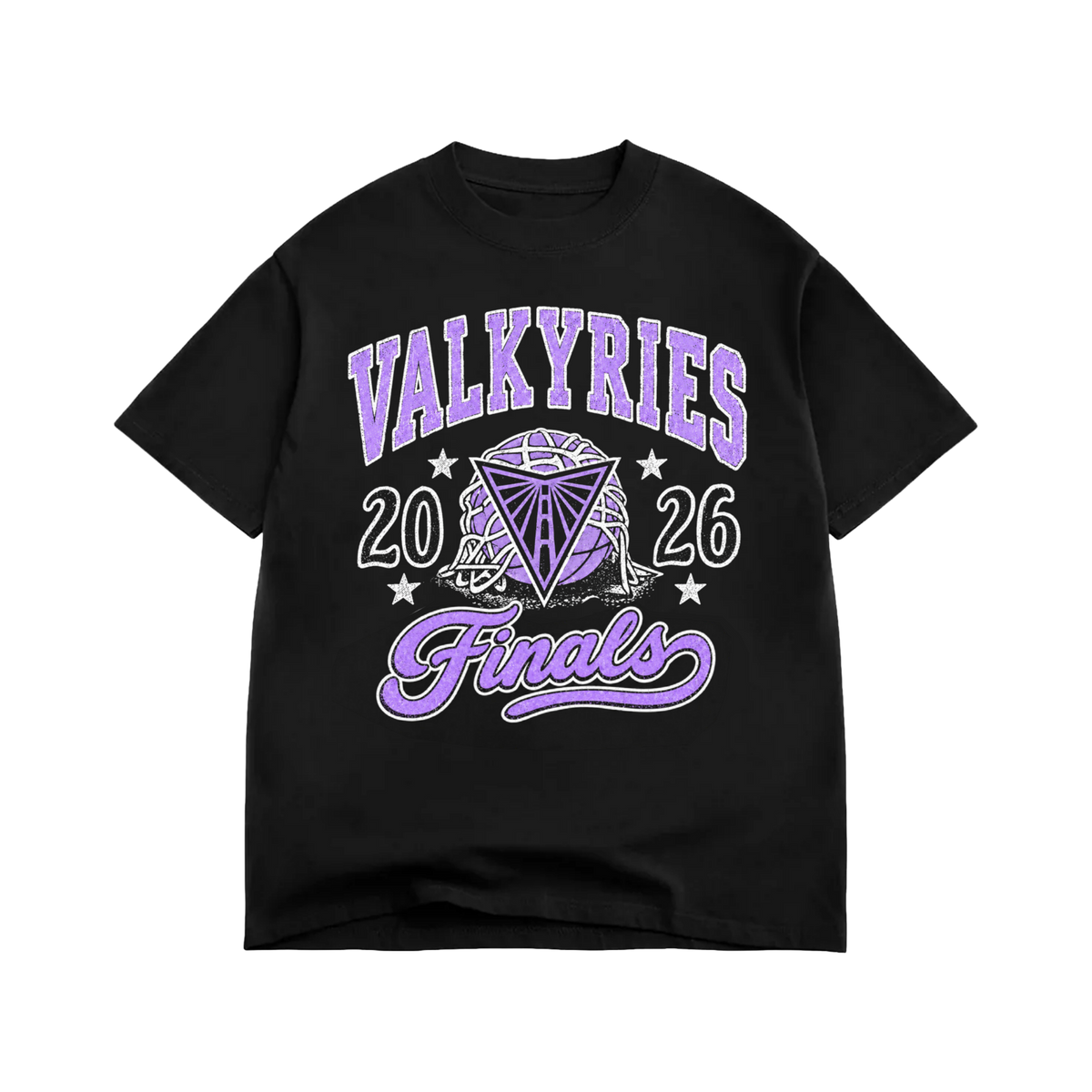 The black, classic fit GSV Momentum Tee features a distressed purple and white graphic centered on the chest, displaying “VALKYRIES” above a basketball and triangle emblem flanked by “20” and “26,” with the word “Finals” in large purple script at the bottom.