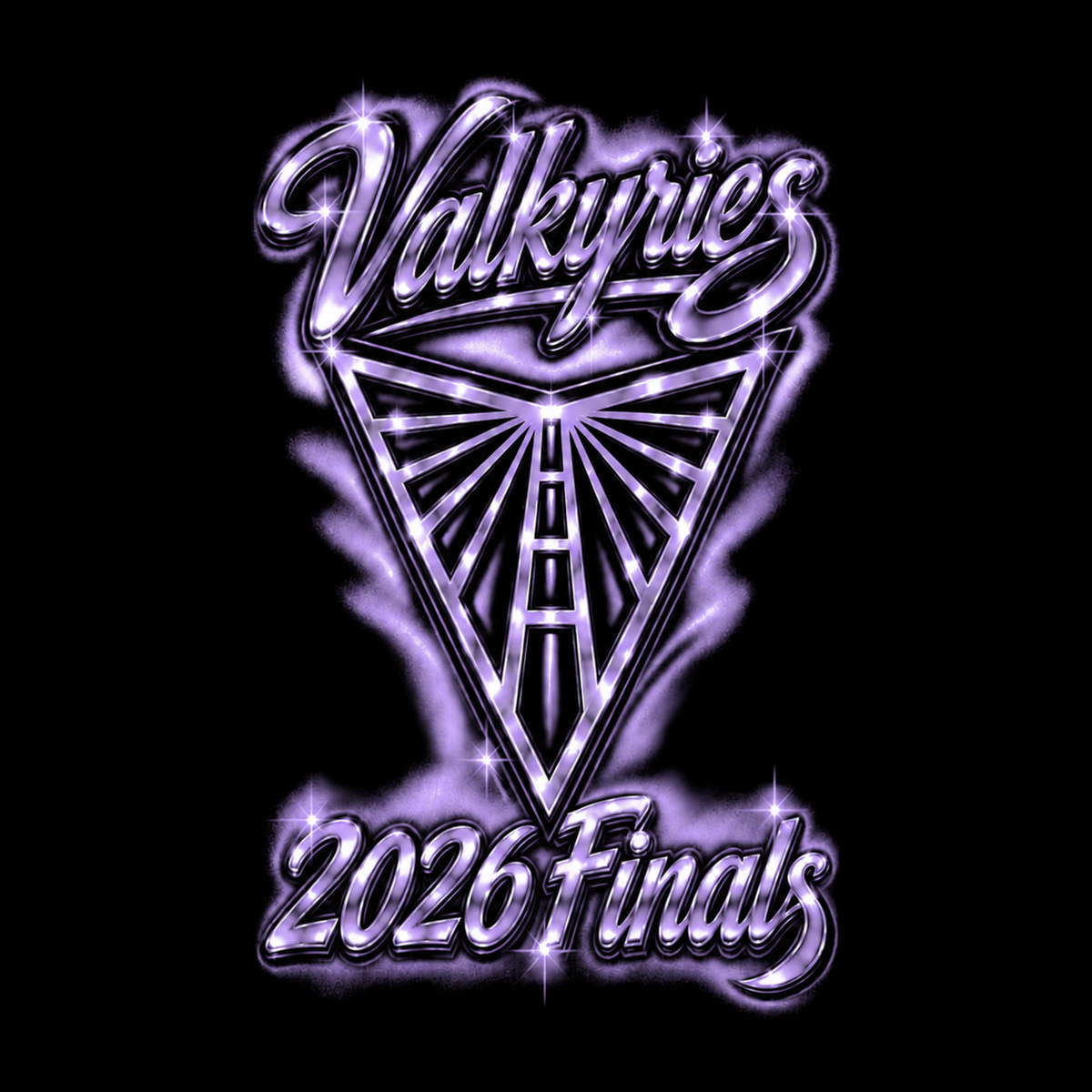 The GSV Let’s Go Tee features a metallic, purple-tinted Golden State Valkyries graphic on a black background, with “Valkyries” above a triangle containing a road, and “2026 Finals” in a shiny, airbrushed style accented by stars.