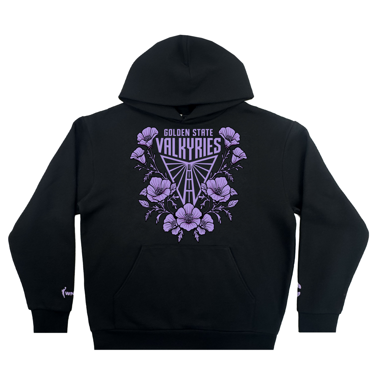 The black GSV Poppies Hoodie features a large, light-purple chest graphic centered around a triangular design containing a road, with flowering poppies surrounding the triangle and matching details on the cuffs.