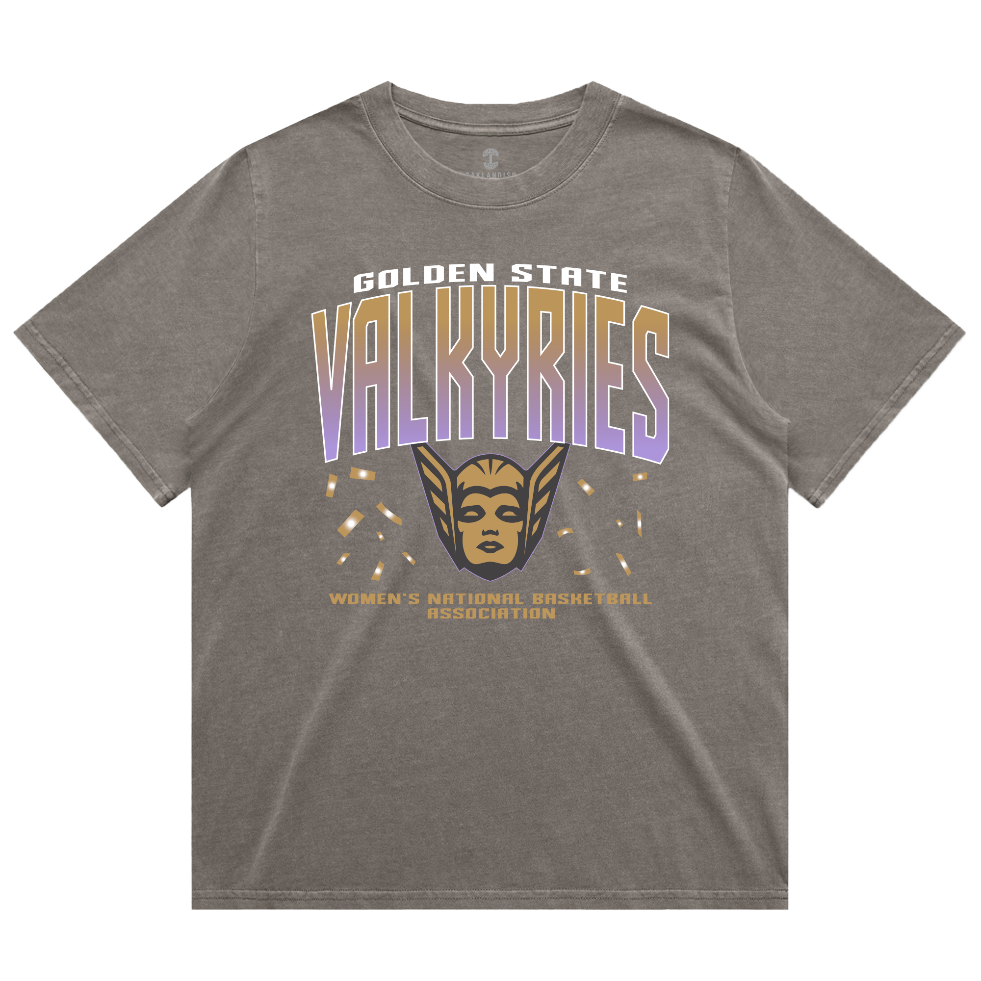 The GSV Women’s First Flight Tee by GSV features an oversized fit in gray, showcasing “Golden State Valkyries” in bold white and purple lettering, a striking gold valkyrie face with wings, and “Women’s National Basketball Association” in smaller gold text beneath. This heavy-weight tee offers both comfort and style for dedicated Golden State Valkyries fans.