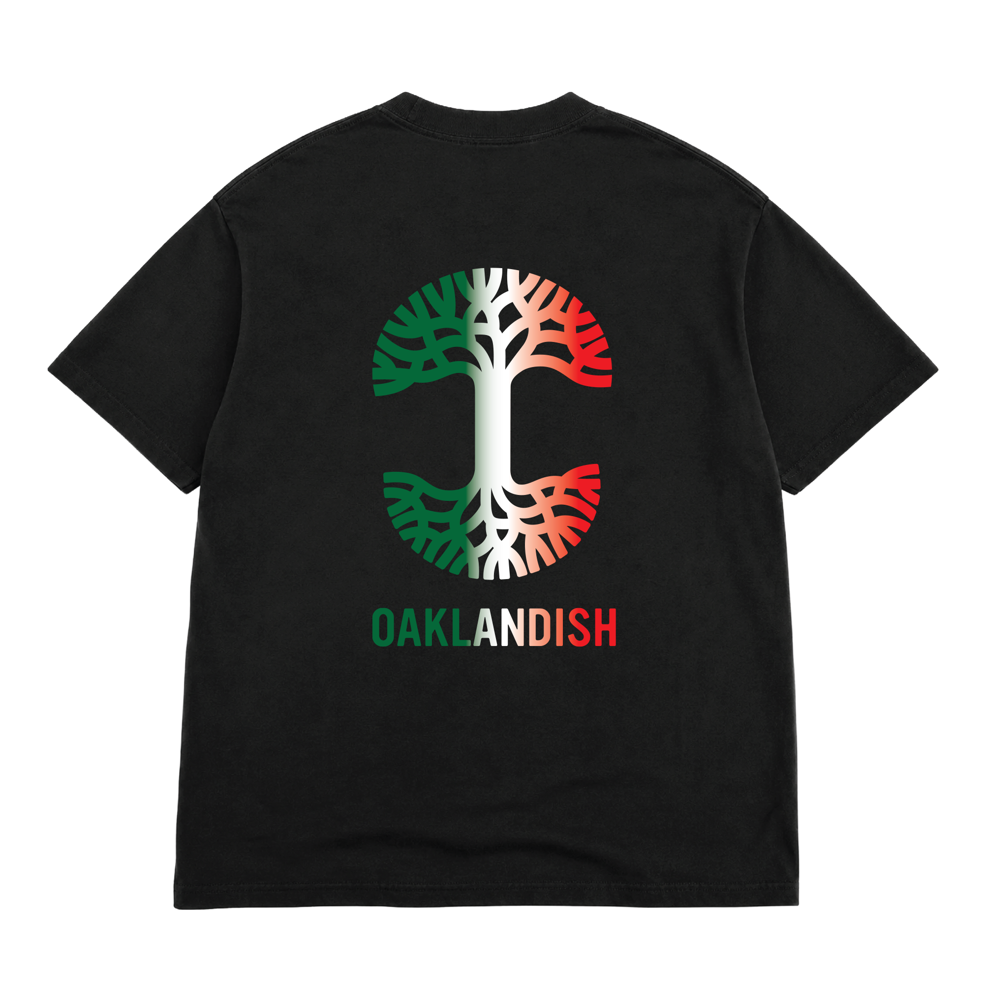 The ¿Y si sí? tee by Oaklandish is a black shirt with a large stylized tree in green, white, and red on the back, symbolizing unión y esperanza. “OAKLANDISH” appears below in matching colors. Que viva México!.