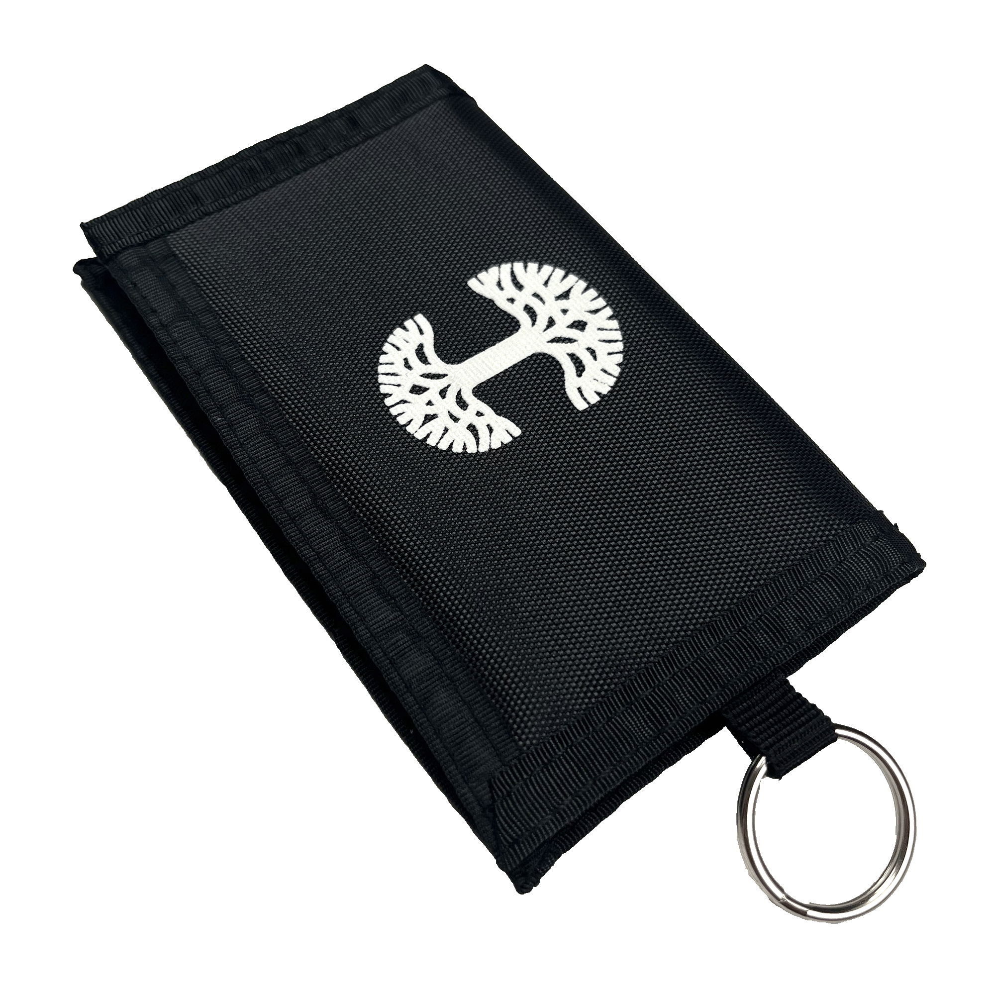 Side view of black zippered keychain wallet with white Oaklandish tree logo.