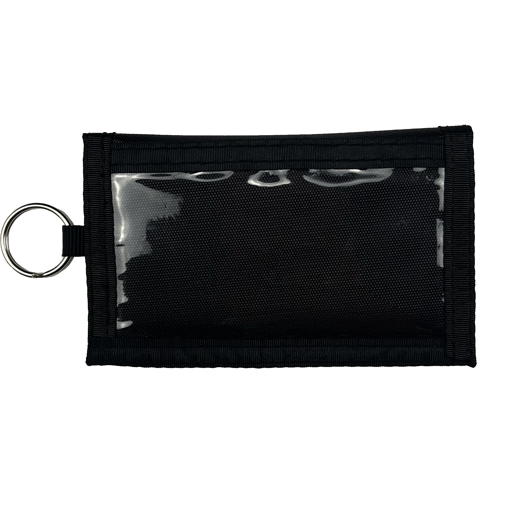 Backside of clear plastic insert on black Oaklandish keychain wallet.