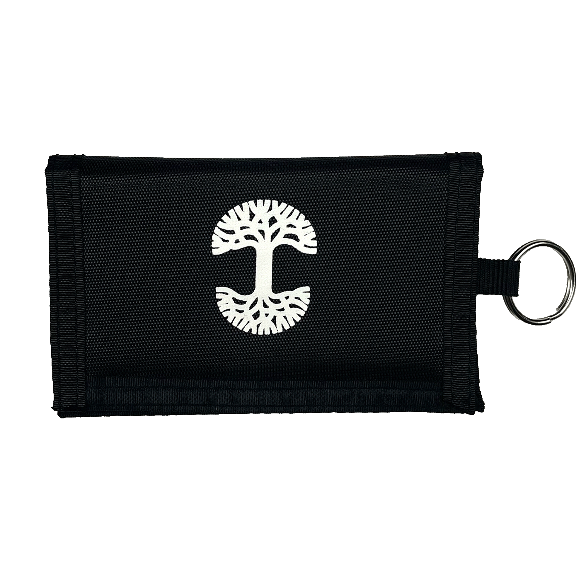 Front view of black zippered wallet key chain with white Oaklandish tree logo.