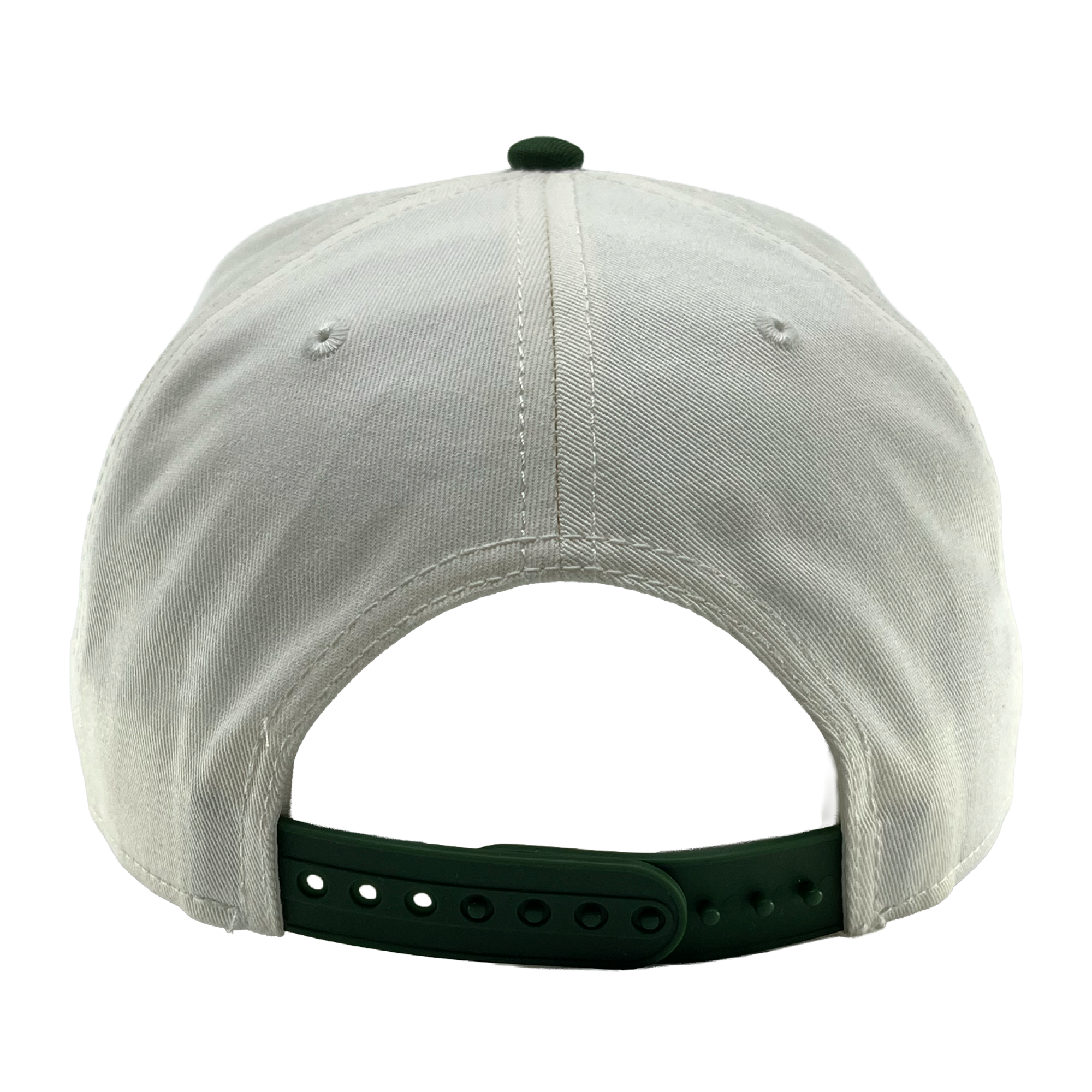 A back view of the OAC Logo 5 Panel by OAC shows a white snapback cap with a green adjustable strap and two embroidered eyelets. The cap is plain with no visible logos or designs, reflecting the understated style of the Oakland Athletic Club.