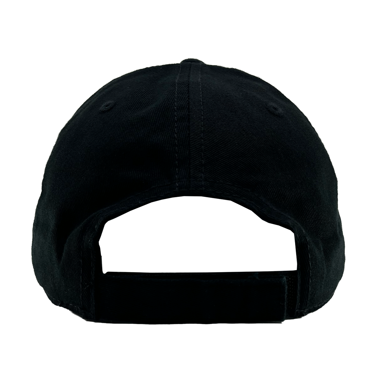 The OAC Logo Dad Hat by OAC is shown from the back against a plain white background, highlighting its black color, stitched panels, adjustable strap with hook-and-loop closure, and curved opening above the strap. The design is inspired by the Oakland Athletic Club.