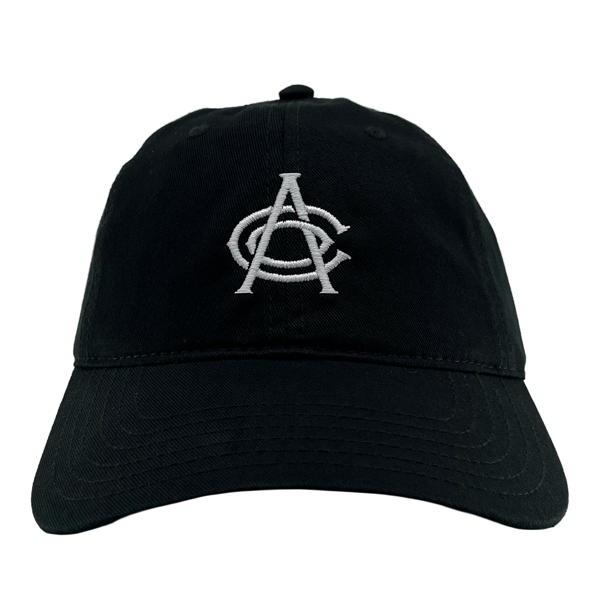 The OAC Logo Dad Hat by OAC is a black dad hat with white embroidered overlapping letters “A” and “C” on the front, symbolizing the Oakland Athletic Club. It features visible stitching along the slightly curved brim and includes an adjustable strap at the back. The product is shown against a plain white background.