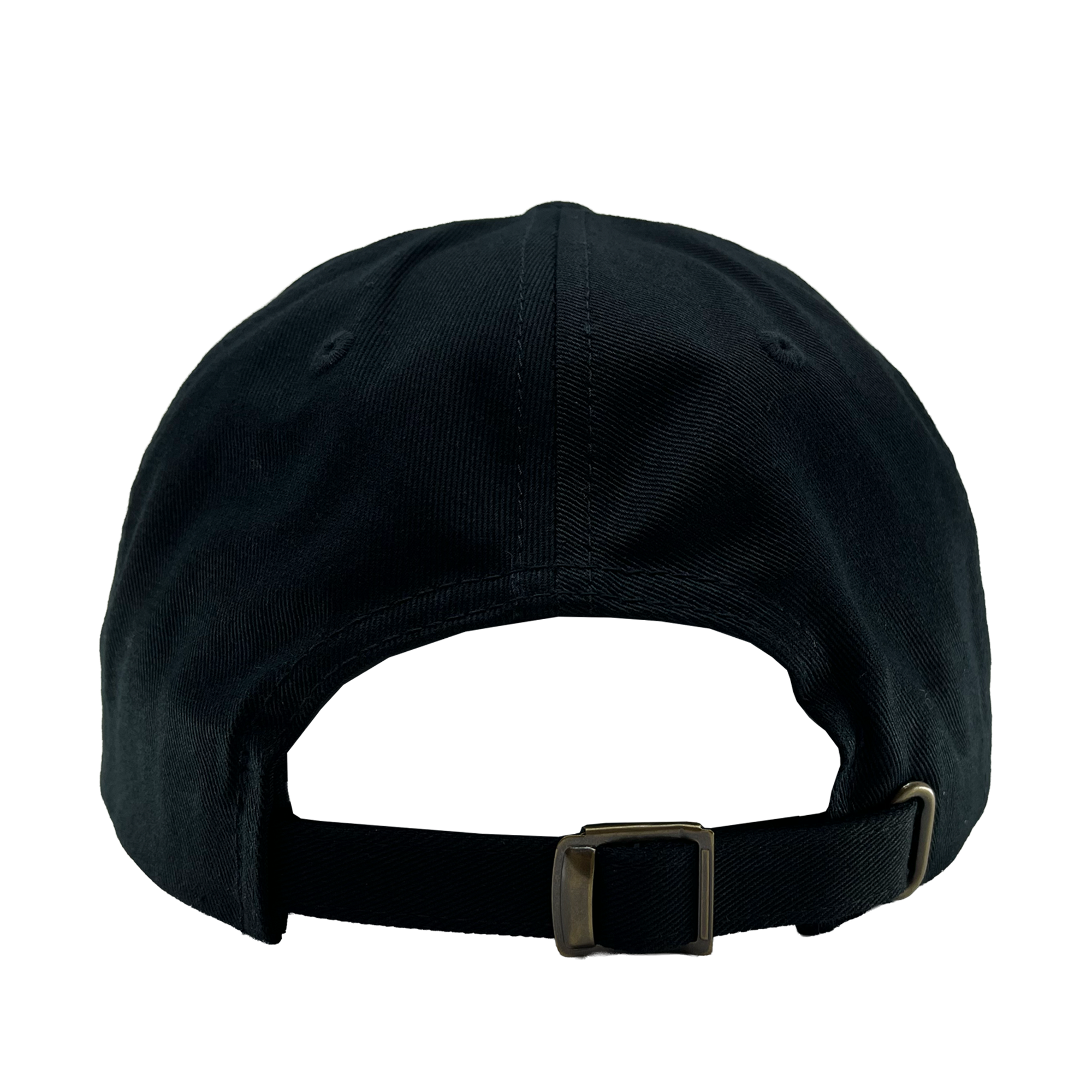 The OAC Script Dad Hat by OAC, shown from the back against a plain white background, features a classic black design with an adjustable strap and metal buckle for effortless size adjustment. Two sewn eyelets on the rear panels highlight its timeless Oakland Athletic Club style.