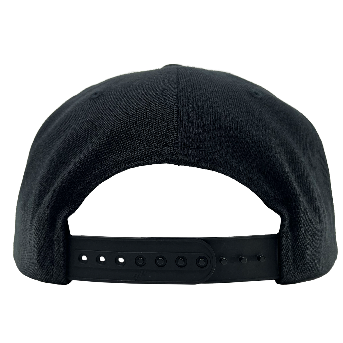 The OAC Script Snapback by OAC is displayed from the back, highlighting its plastic adjustable snapback closure with multiple holes and pegs for a customizable fit. The cap’s textured fabric adds a subtle touch of detail, making it a stylish choice—especially for fans of the Oakland Athletic Club. It rests against a plain light background.