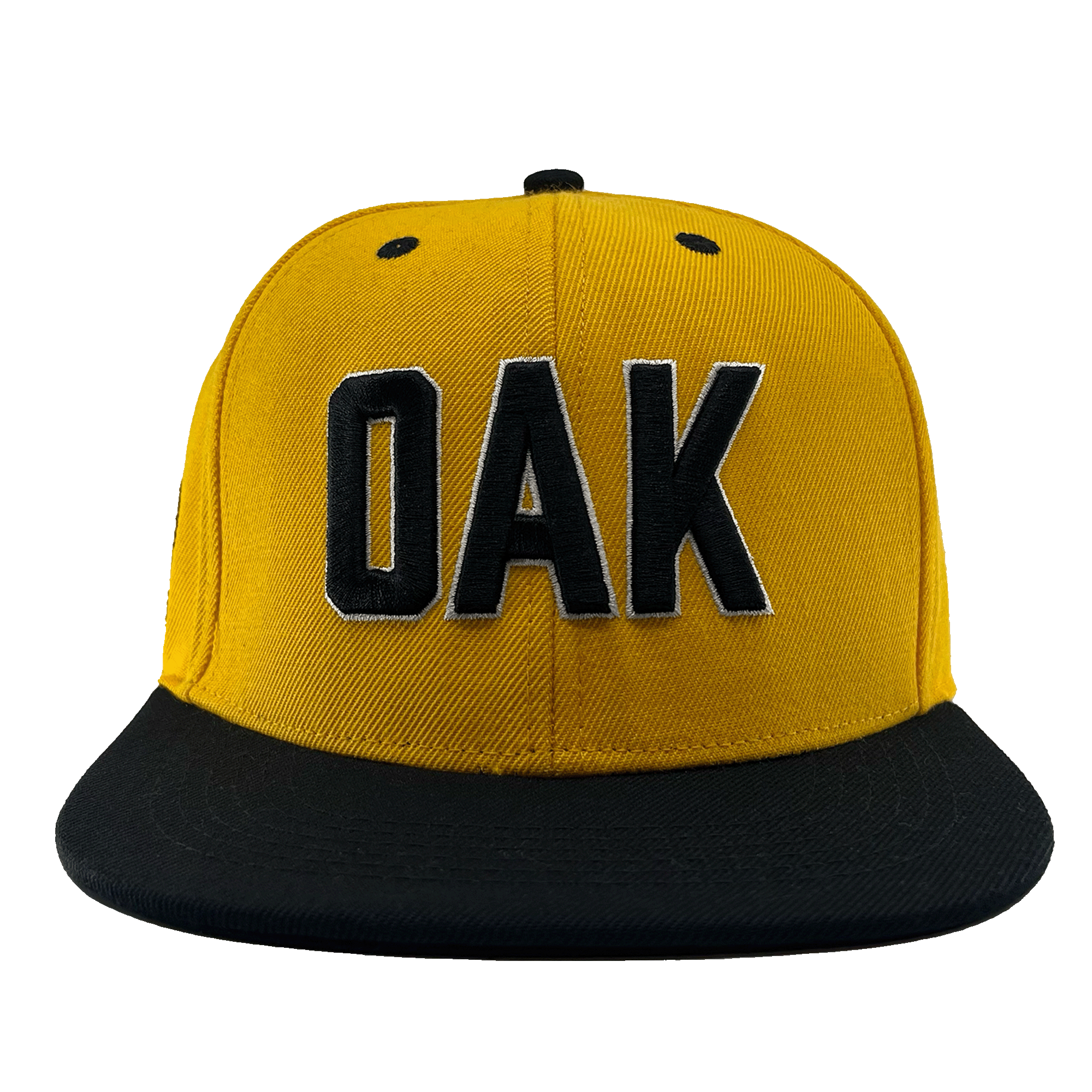 Front view of a yellow hat with a black flat bill, black embroidered details, and embroidered OAK block text on the front crown.