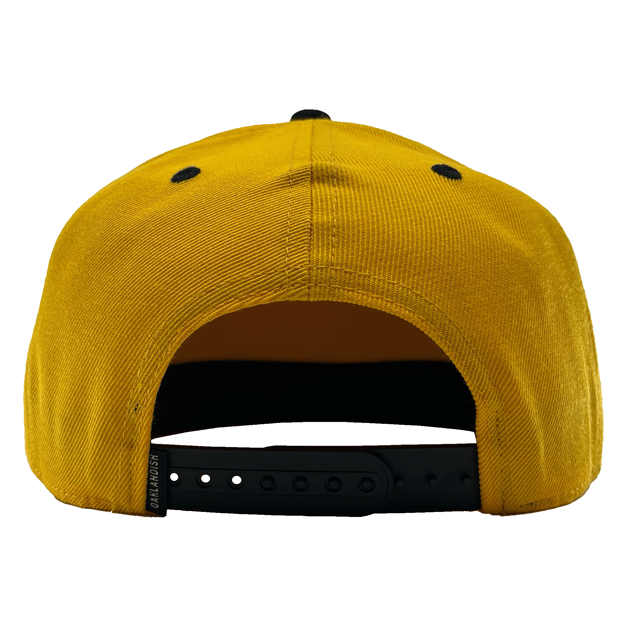 Back view of a yellow hat with black adjustable snapback closure with small Oakladish wordmark tag. 