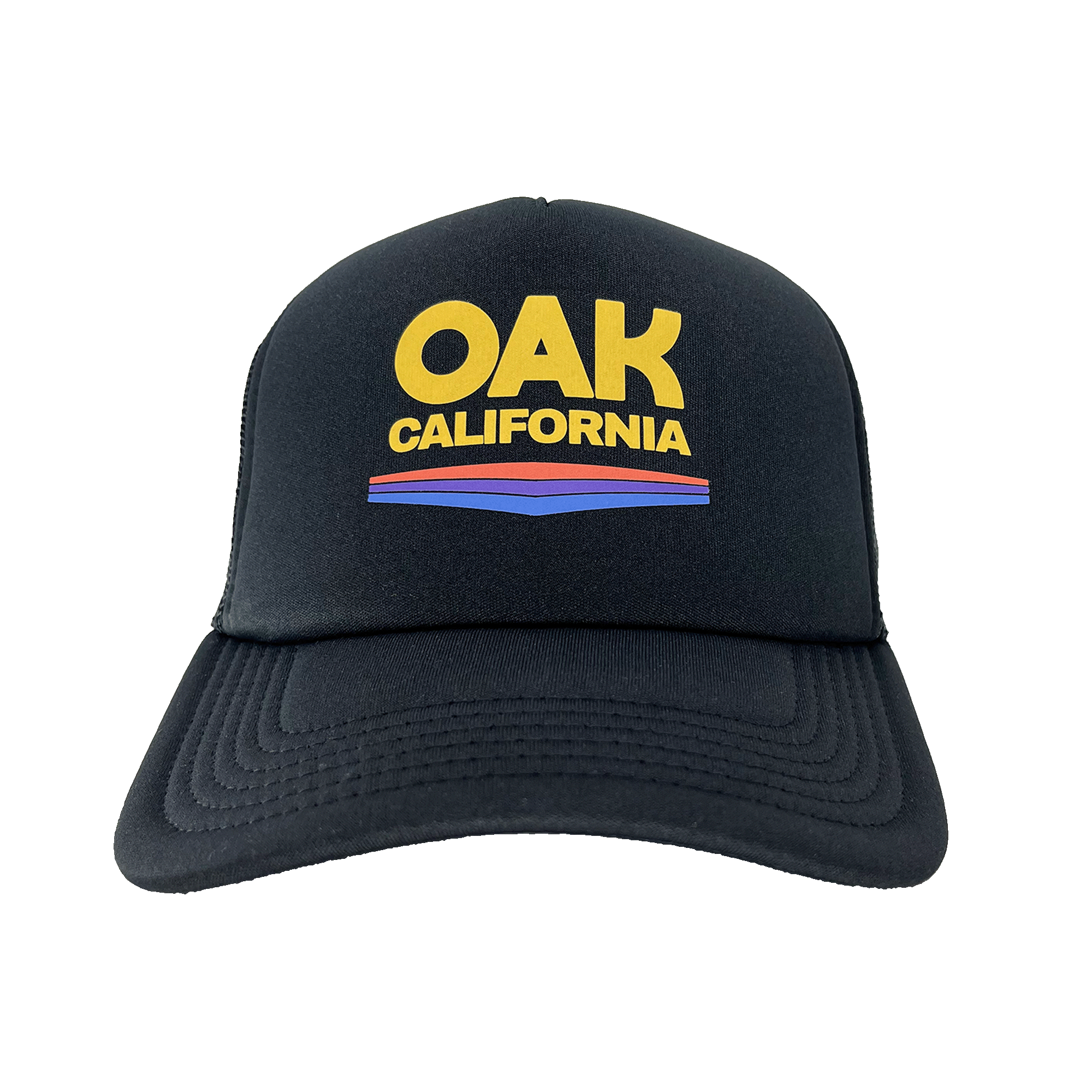 Front view of black truckers cap with color Oak California graphic on front foam panel with curved brim.
