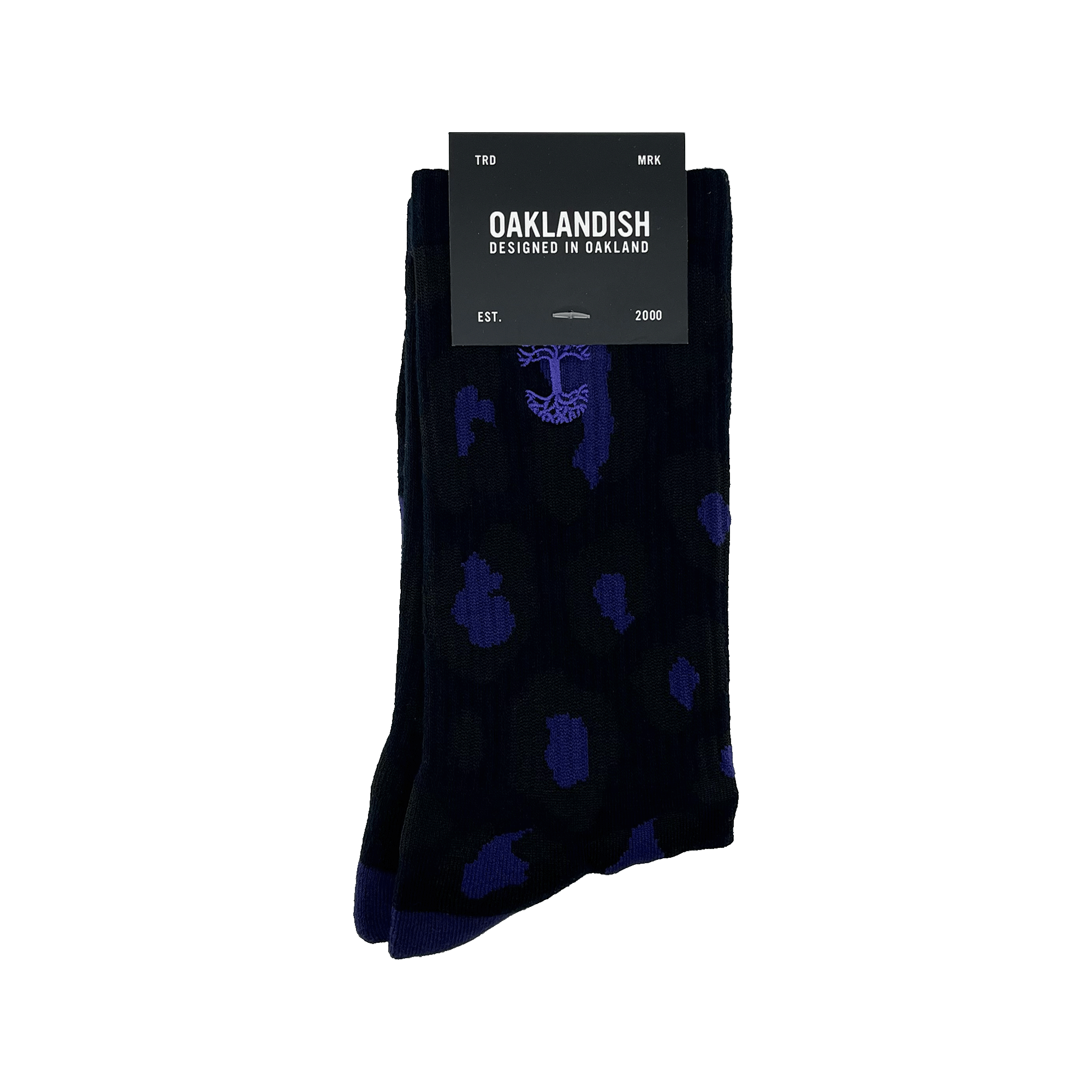 Pair folded black and blue crew socks in Oaklandish packaging with an embroidered blue Oaklandish tree logo on the side.