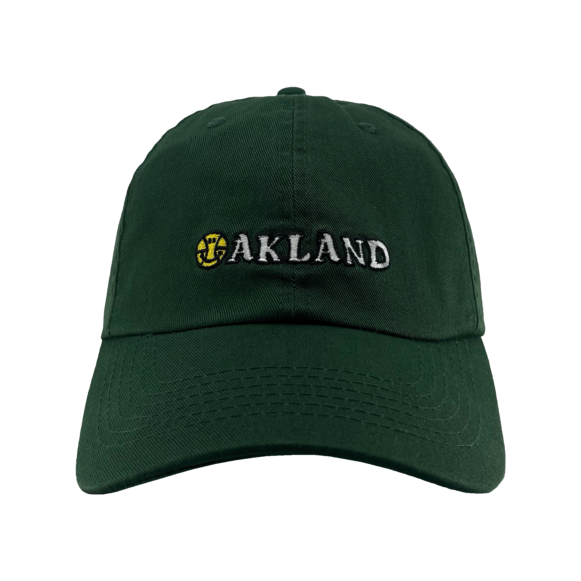 Front view of green Oakland Dad Hat, with embroidered wordmark design by Dustin O. Canalin (DOC).