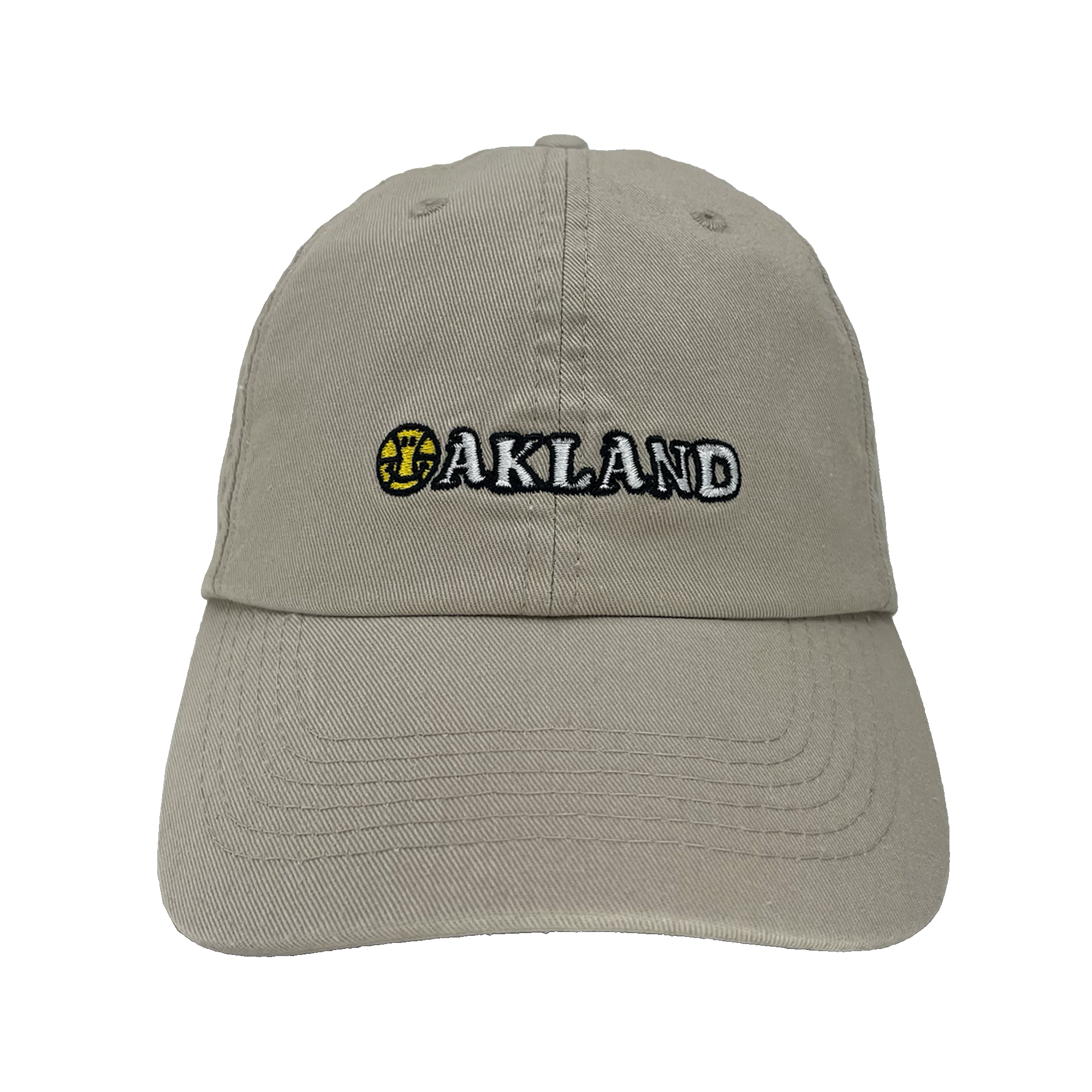Front view of khaki Oakland Dad Hat, with embroidered wordmark design by Dustin O. Canalin (DOC).