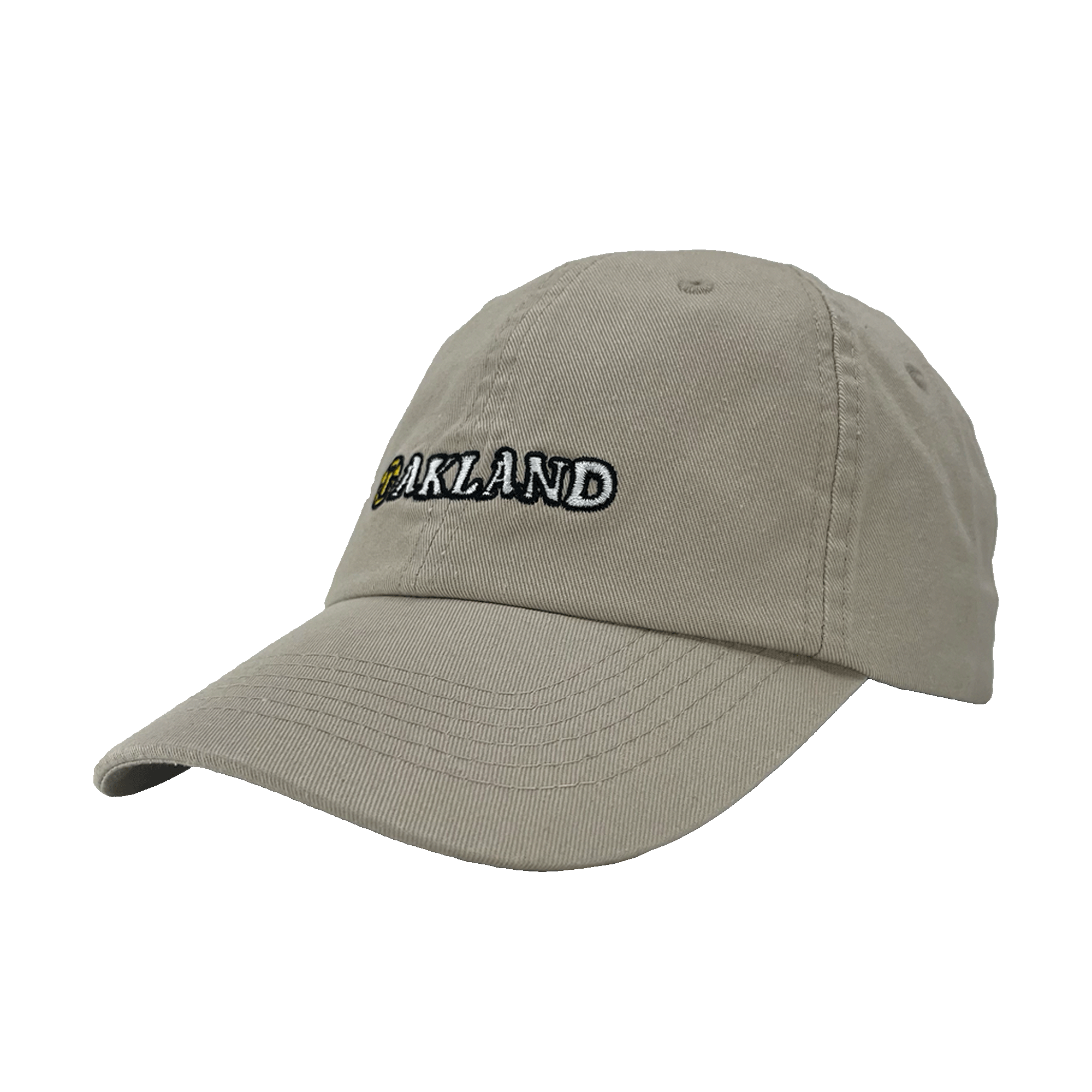 Angled side view of khaki Oakland Dad Hat, with embroidered design by Dustin O. Canalin (DOC).