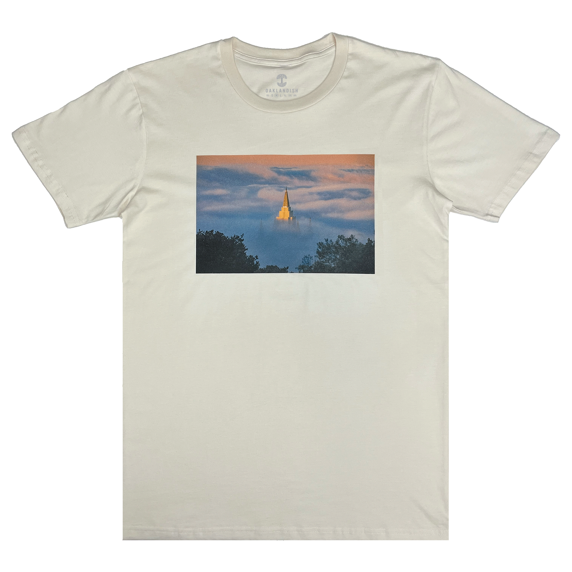 Natural cotton color t-shirt with an image of an Oakland Temple surrounded by fog by landscape photographer Vincent James.