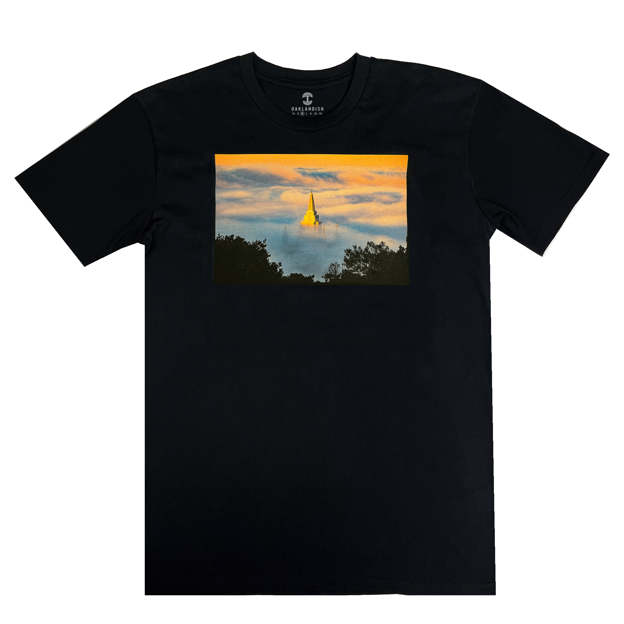 Black t-shirt with an image of an Oakland Temple surrounded by fog by landscape photographer Vincent James.