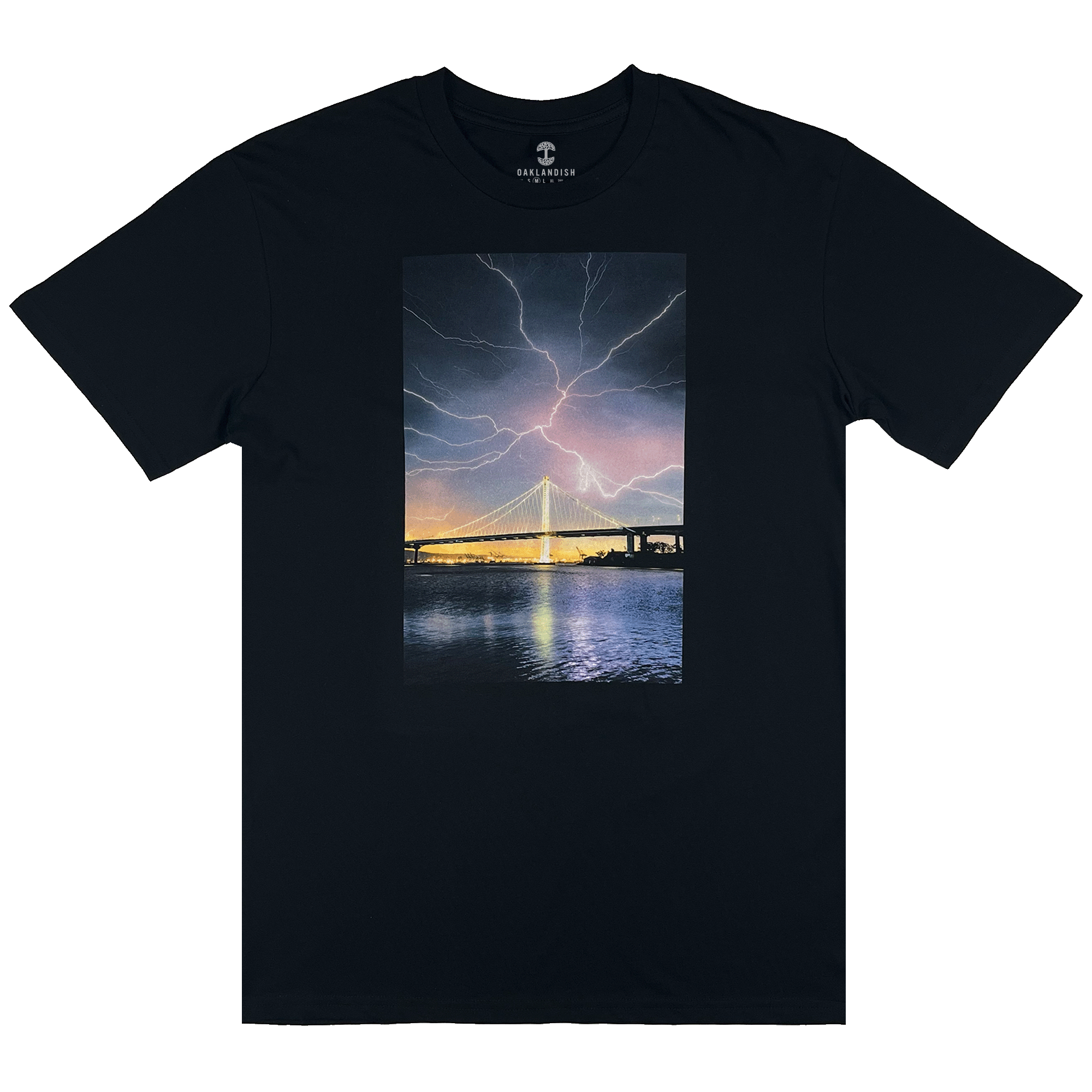 Black t-shirt with image of  lightening in Oakland by photographer Vincent James.
