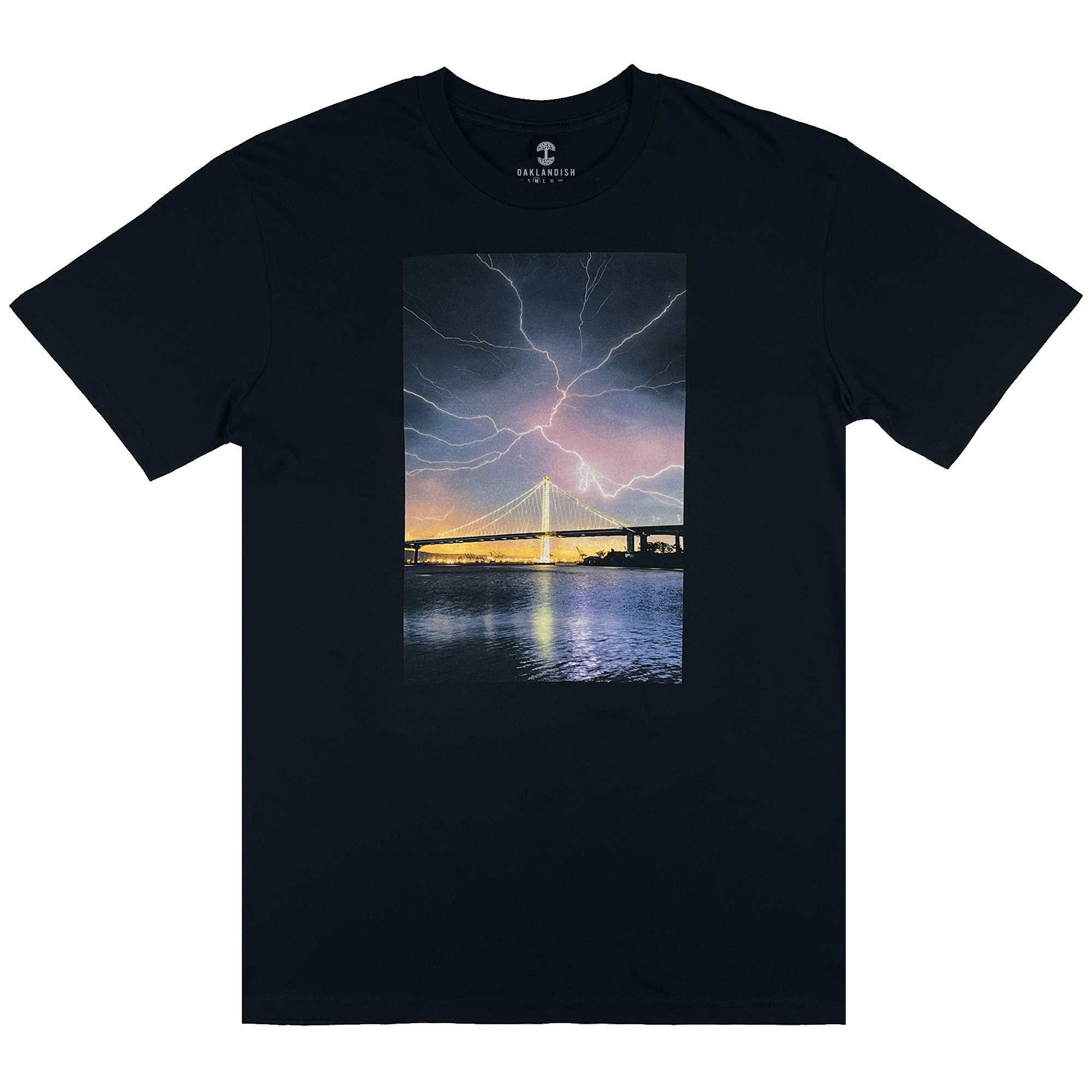 Black t-shirt with image of lightening in Oakland by photographer Vincent James.