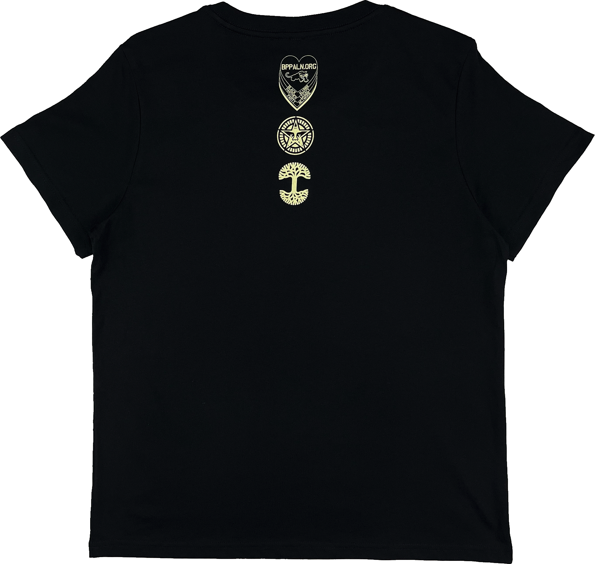 Backside view of women’s limited edition black t-shirt with three logo marks - Oaklandish, Panther Power & BPLAN.