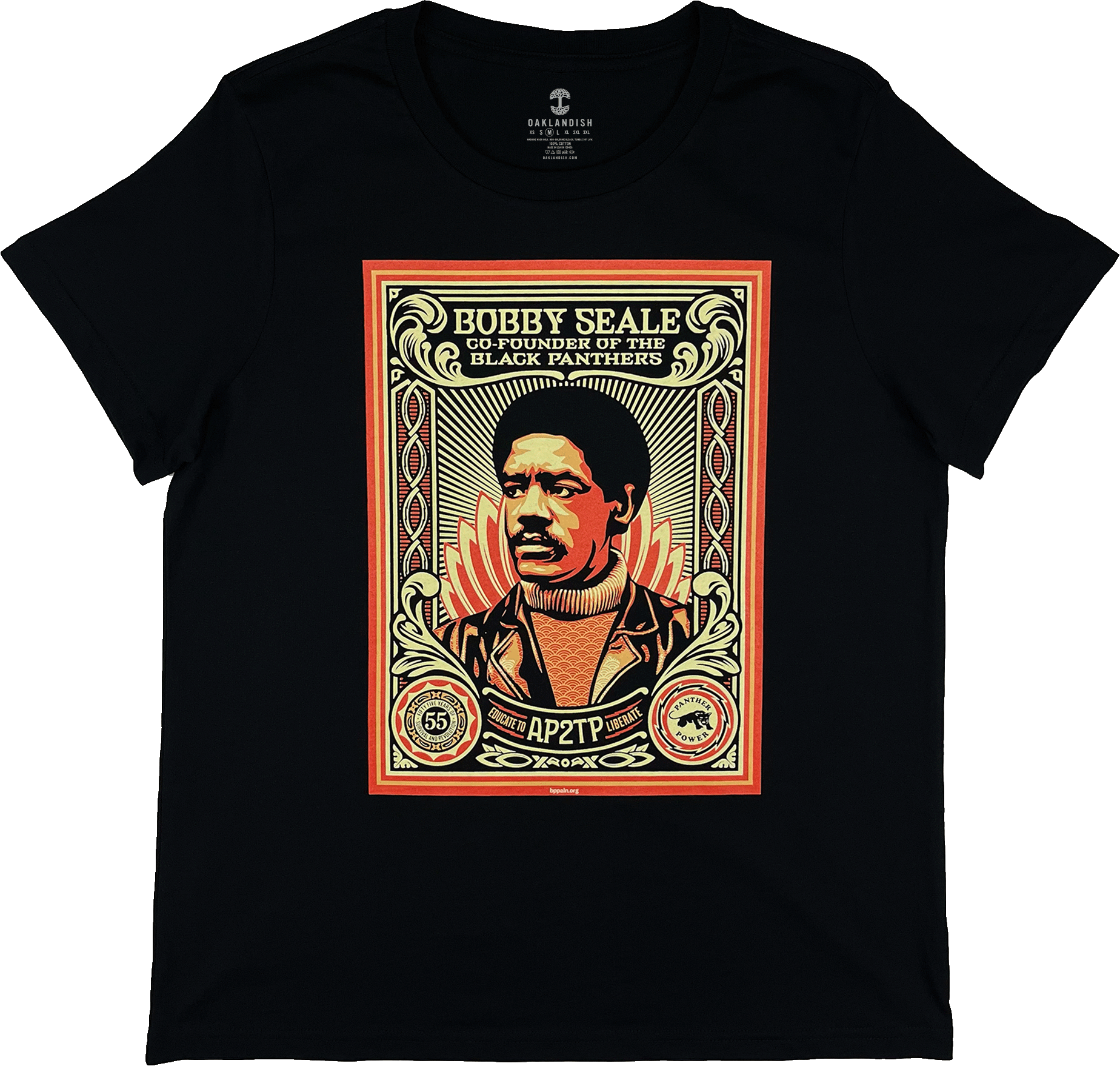 Front view of a women’s black limited edition t-shirt with a large illustrated graphic by Shepard Fairey, founder of the Black Panthers.