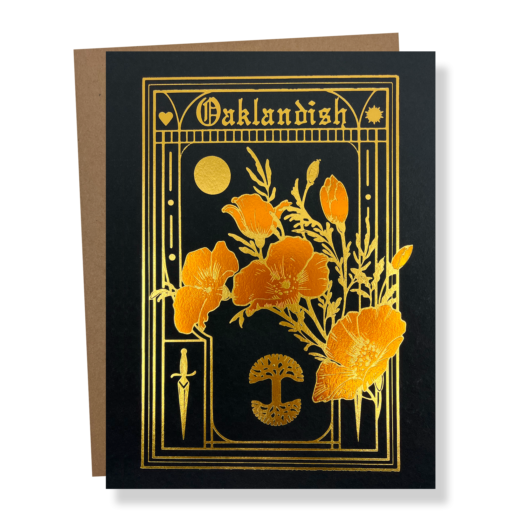 The Blossom Card by Never Elsewhere features a black background adorned with gold foil accents. Intricate designs on the card include flowers, a crescent moon, a dagger, and a fan-like motif, with "Oaklandish" elegantly written at the top in a stylized font. The card comes layered on a recycled kraft paper envelope.