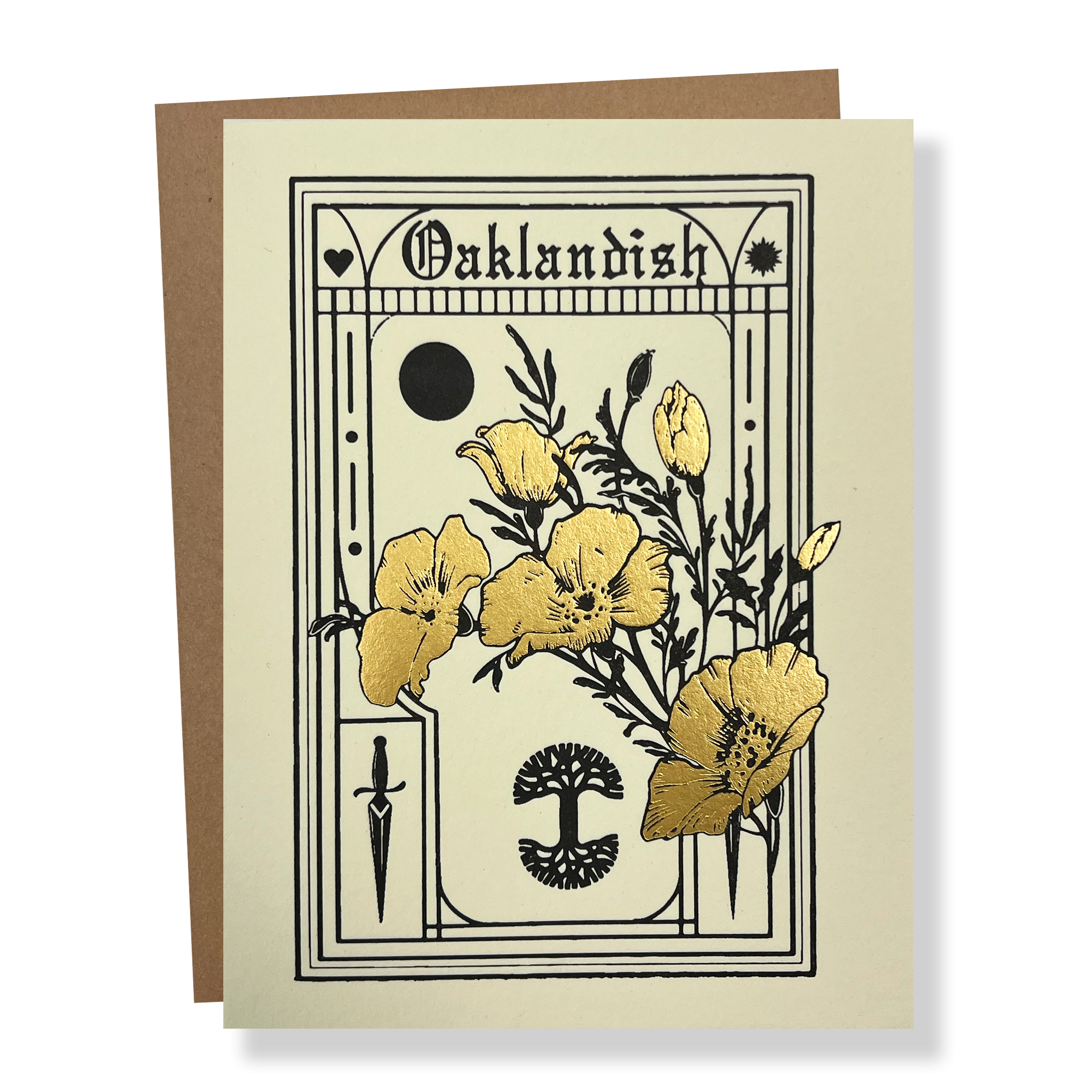 A Blossom Card by Never Elsewhere features the title "Oaklandish" at the top in decorative black text and showcases a botanical illustration of yellow poppies with black stems and leaves. The flowers are surrounded by various designs, including a black circle, a dagger, and a mushroom. The card comes with a recycled brown kraft paper envelope in the background.