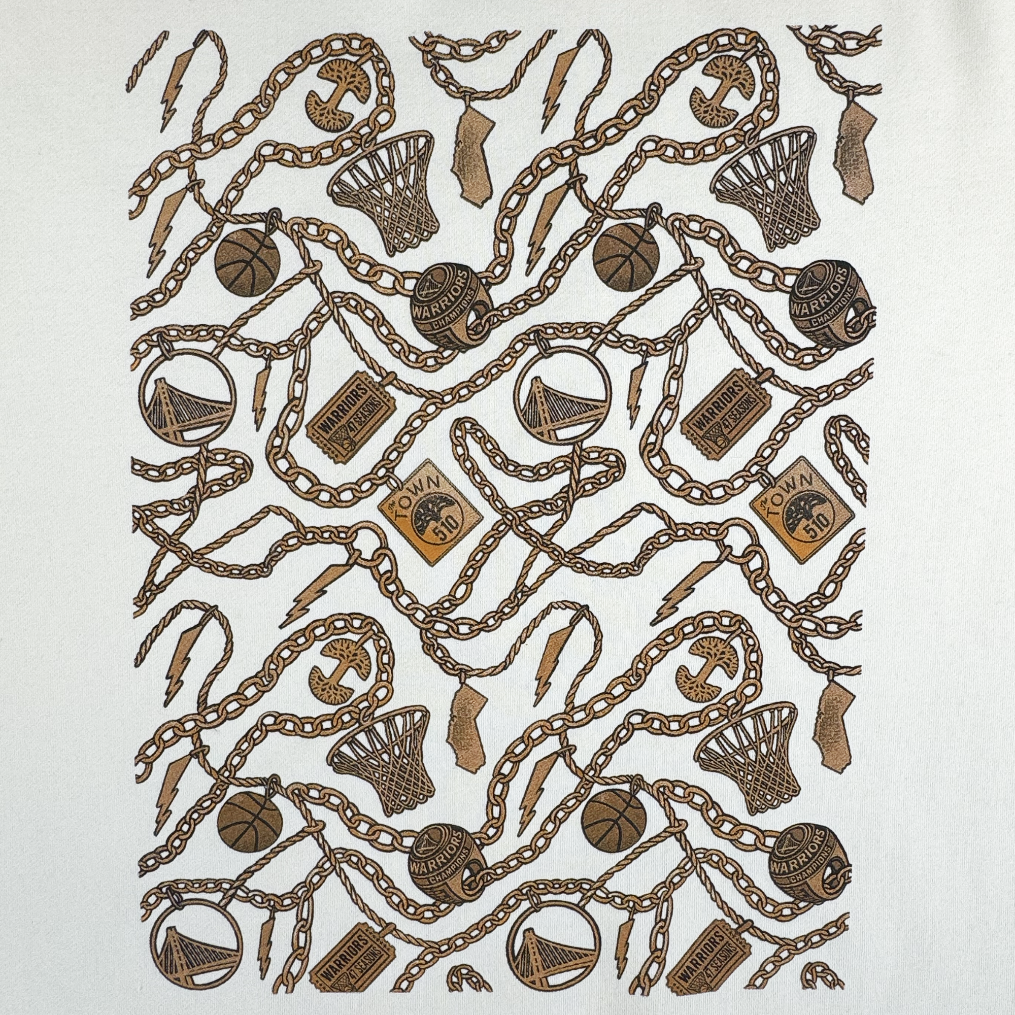 The GSW All Gold Forever Crew features an ornate mix of gold chains, basketball hoops, backboards, whistles, referee shirts, cross necklaces, and tickets on white for a bold sports-inspired design.